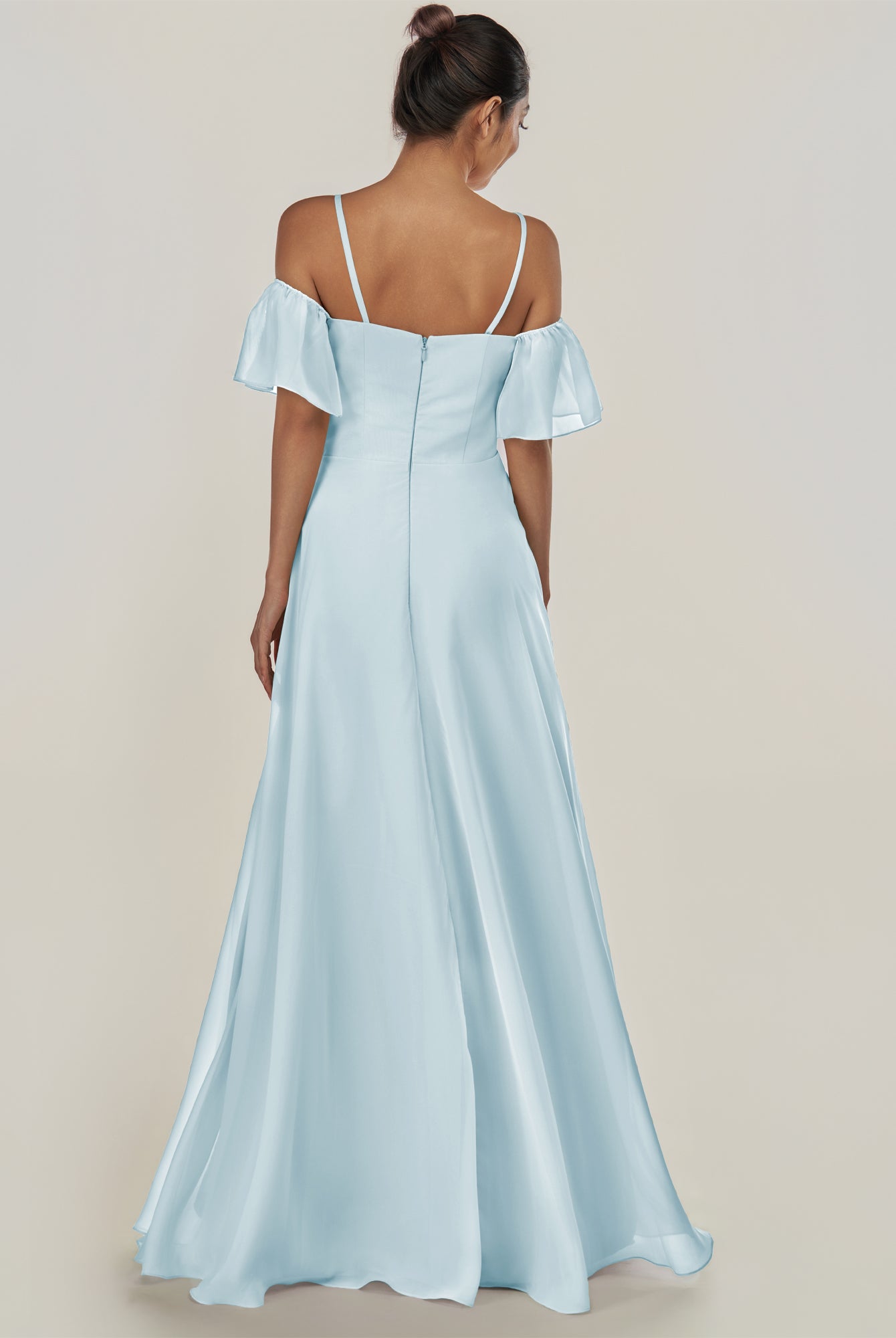 KissDress-Olia Sky Blue A Line Chiffon Off the Shoulder Long Bridesmaid Dress with Slit