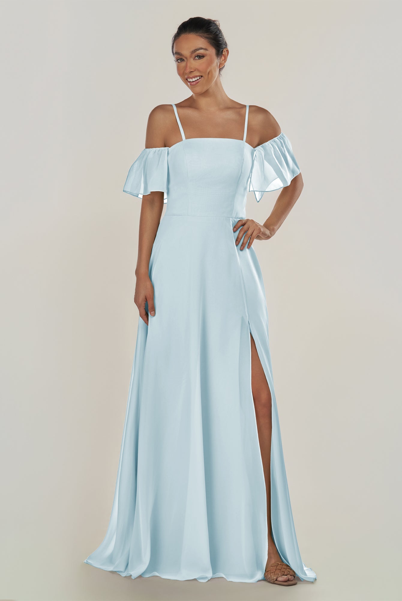 KissDress-Olia Sky Blue A Line Chiffon Off the Shoulder Long Bridesmaid Dress with Slit