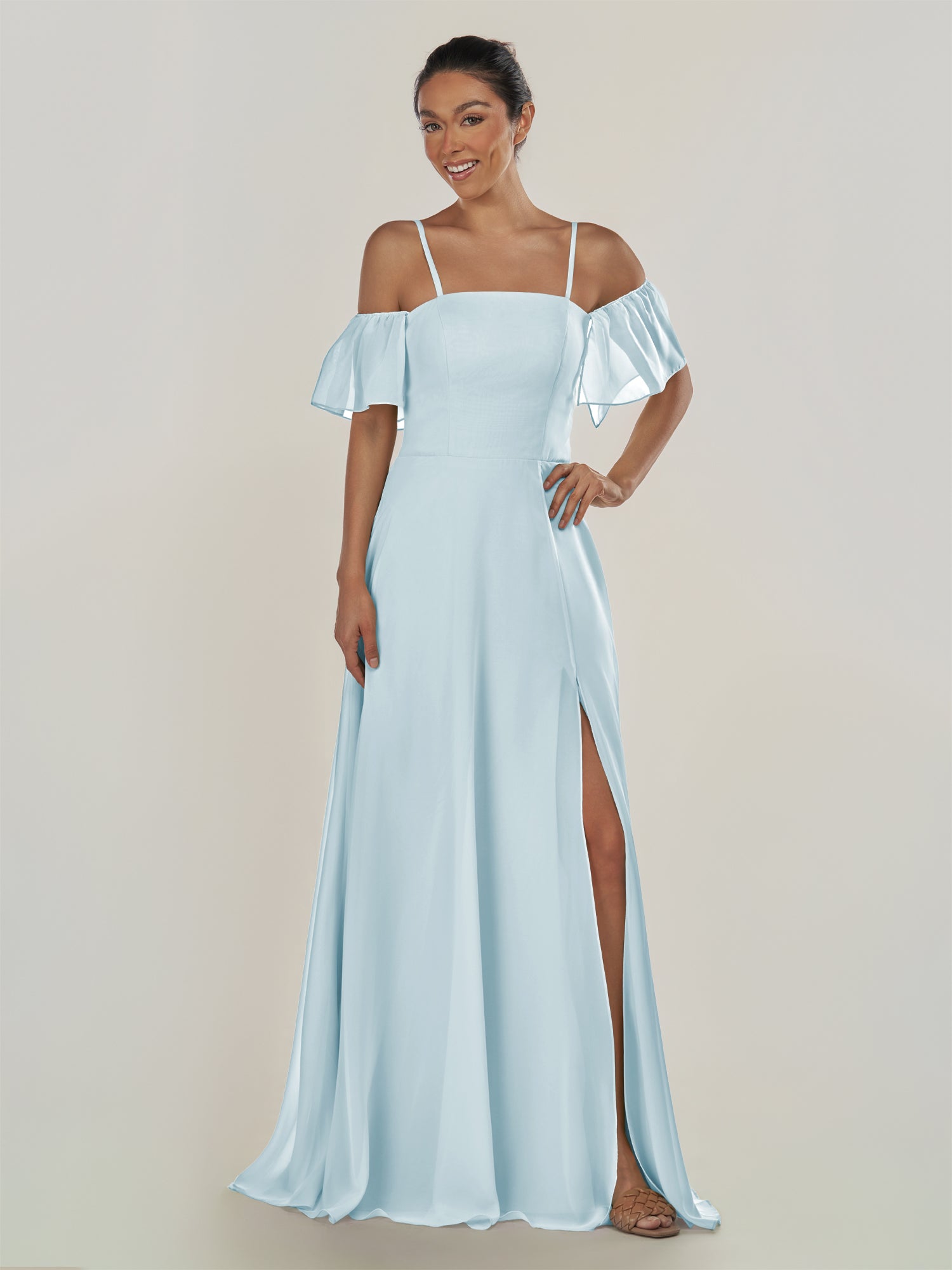 KissDress-Olia Sky Blue A Line Chiffon Off the Shoulder Long Bridesmaid Dress with Slit
