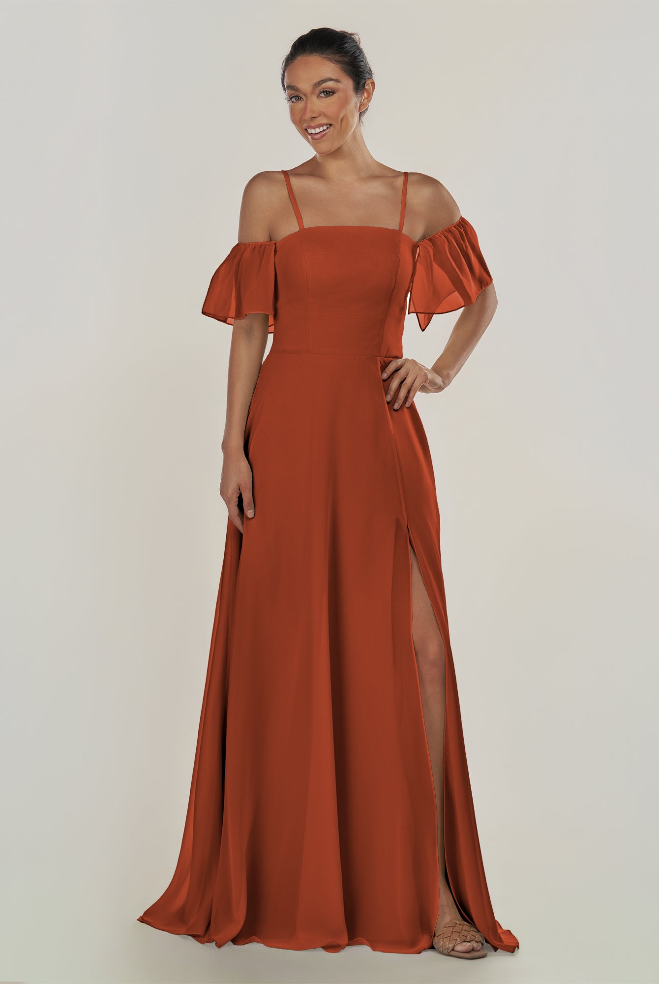 KissDress-Olia Spice A Line Chiffon Off the Shoulder Long Bridesmaid Dress with Slit
