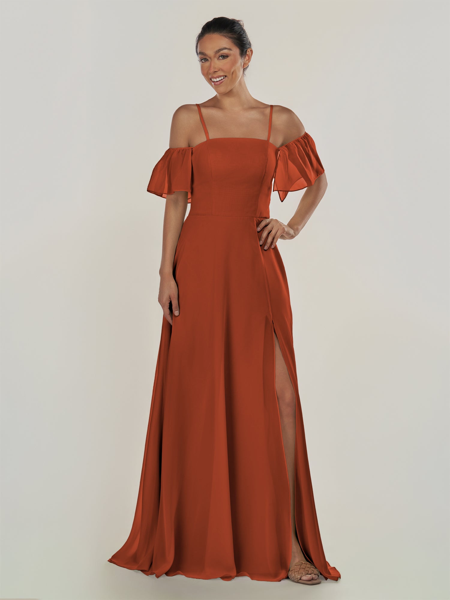 KissDress-Olia Spice A Line Chiffon Off the Shoulder Long Bridesmaid Dress with Slit