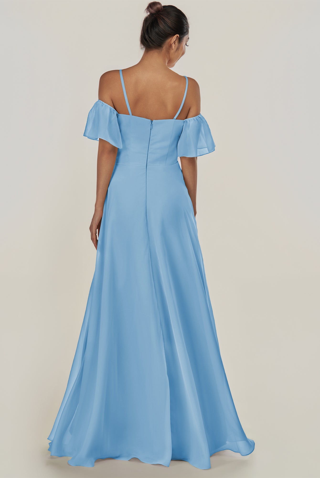KissDress-Olia Steel Blue A Line Chiffon Off the Shoulder Long Bridesmaid Dress with Slit