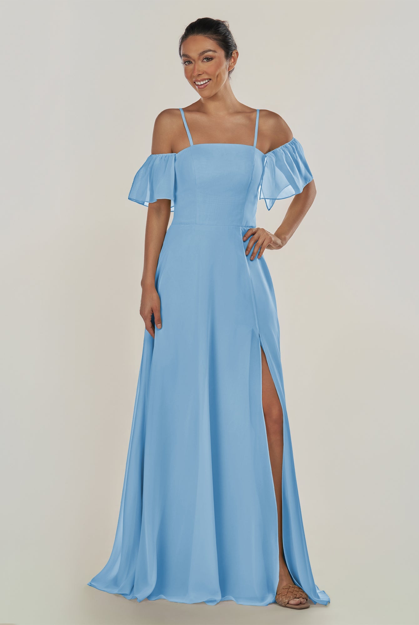 KissDress-Olia Steel Blue A Line Chiffon Off the Shoulder Long Bridesmaid Dress with Slit