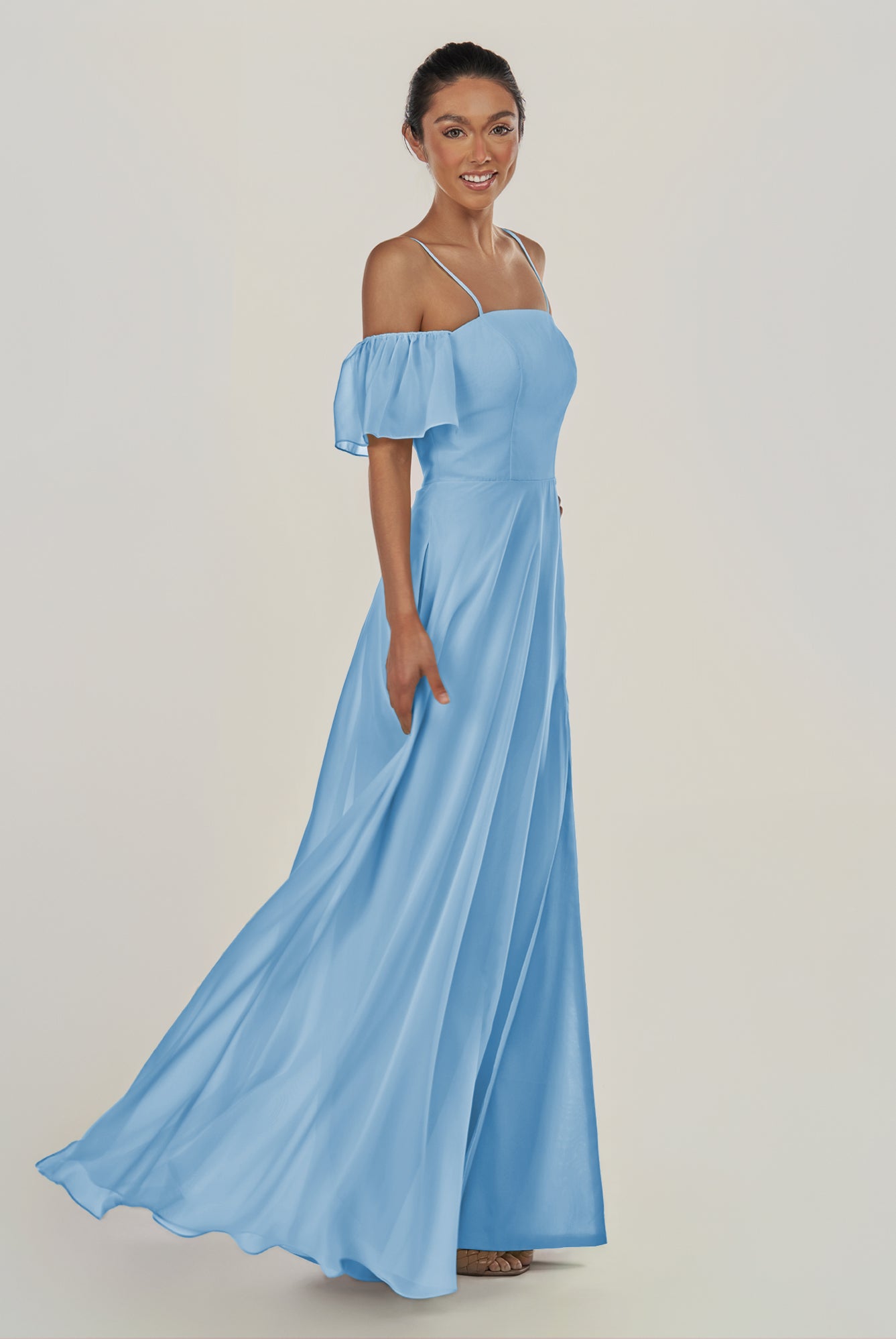 KissDress-Olia Steel Blue A Line Chiffon Off the Shoulder Long Bridesmaid Dress with Slit