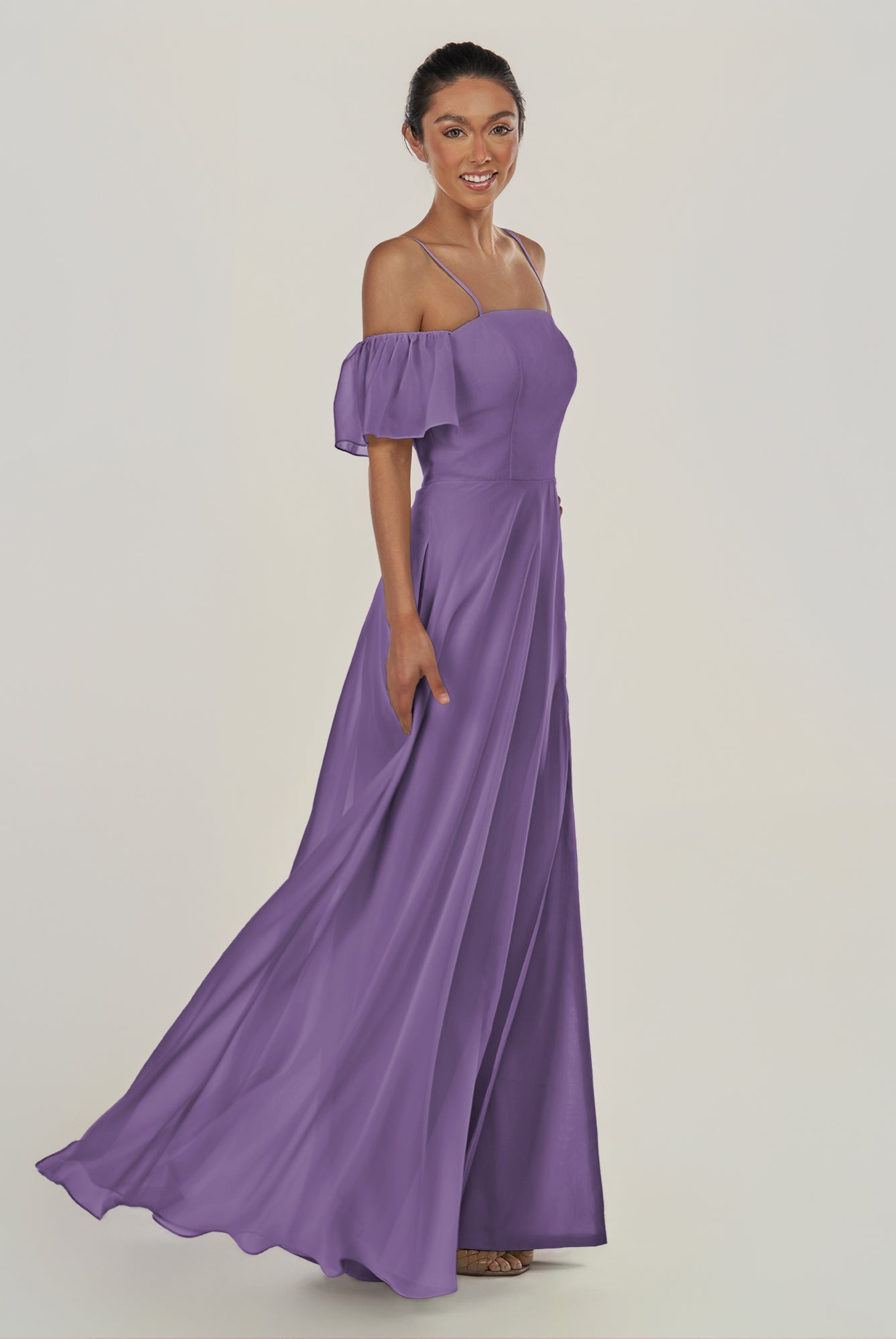 KissDress-Olia Tahiti A Line Chiffon Off the Shoulder Long Bridesmaid Dress with Slit
