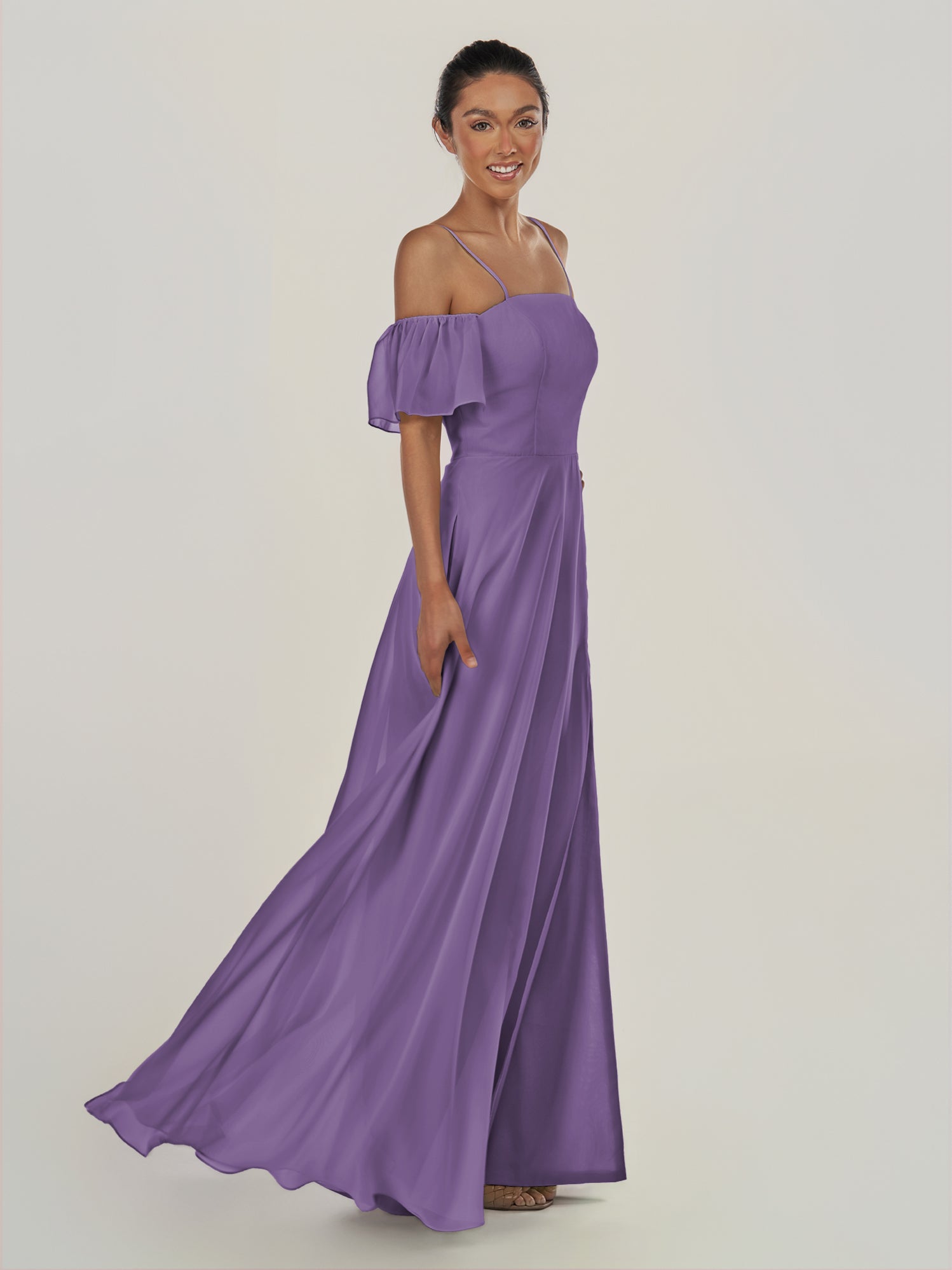 KissDress-Olia Tahiti A Line Chiffon Off the Shoulder Long Bridesmaid Dress with Slit