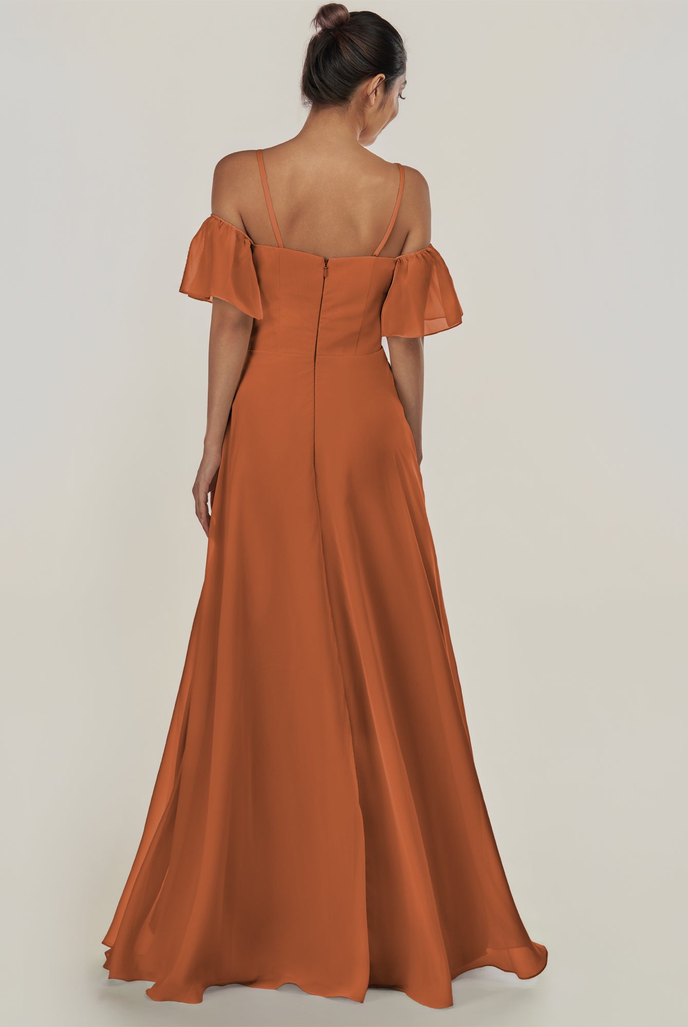 KissDress-Olia Terracotta A Line Chiffon Off the Shoulder Long Bridesmaid Dress with Slit