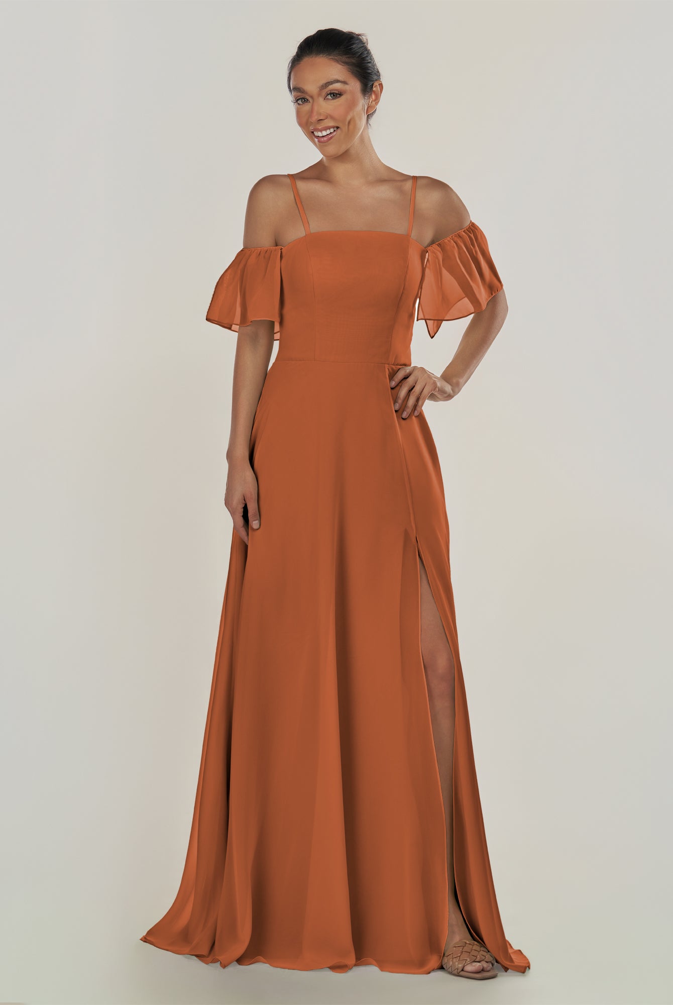 KissDress-Olia Terracotta A Line Chiffon Off the Shoulder Long Bridesmaid Dress with Slit