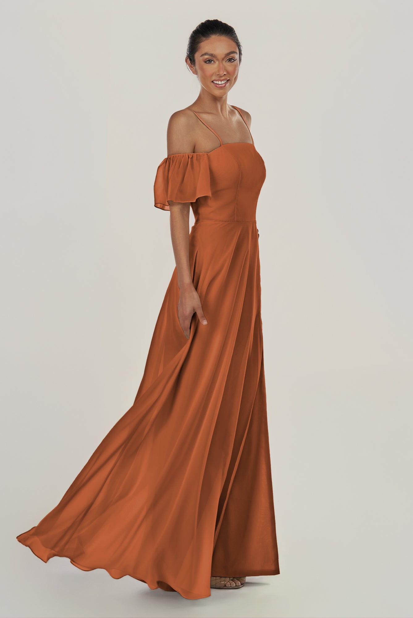 KissDress-Olia Terracotta A Line Chiffon Off the Shoulder Long Bridesmaid Dress with Slit