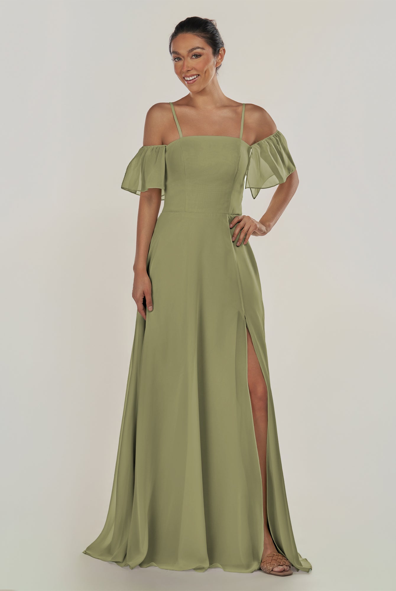KissDress-Olia Thyme A Line Chiffon Off the Shoulder Long Bridesmaid Dress with Slit
