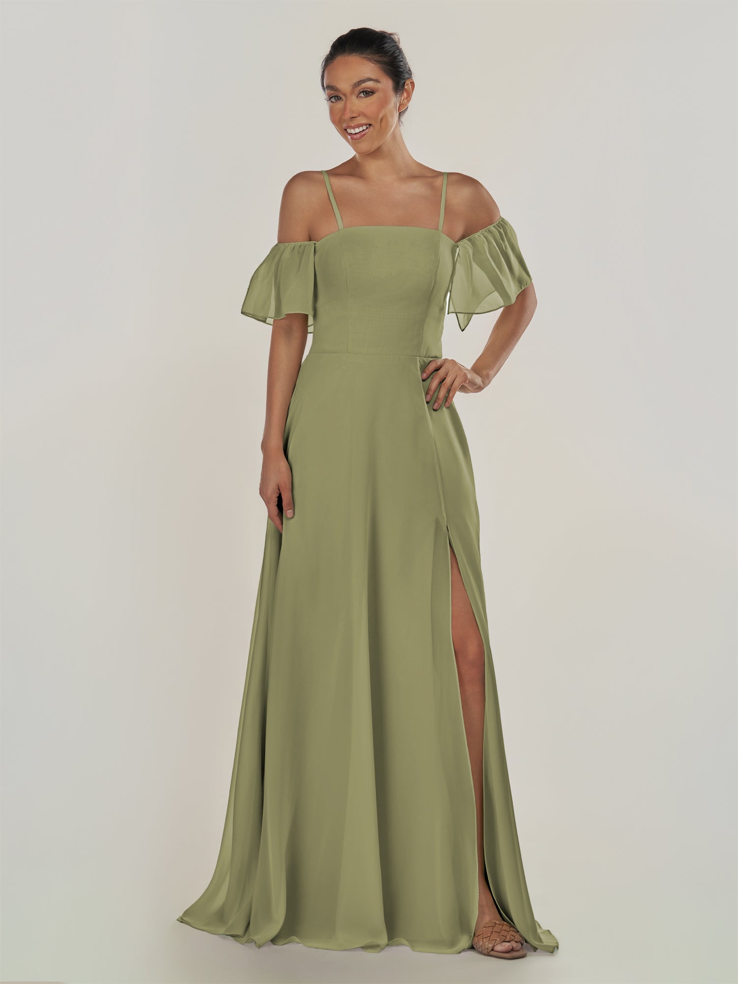 KissDress-Olia Thyme A Line Chiffon Off the Shoulder Long Bridesmaid Dress with Slit