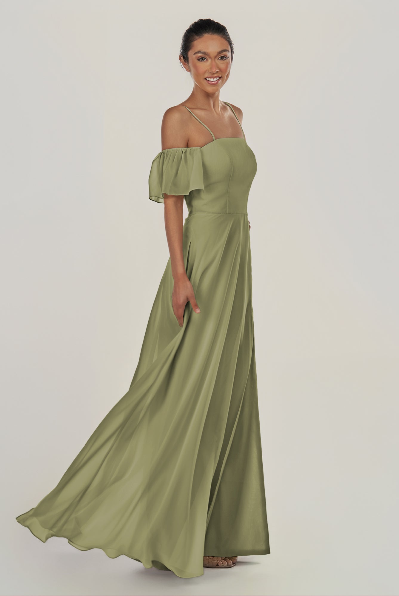 KissDress-Olia Thyme A Line Chiffon Off the Shoulder Long Bridesmaid Dress with Slit