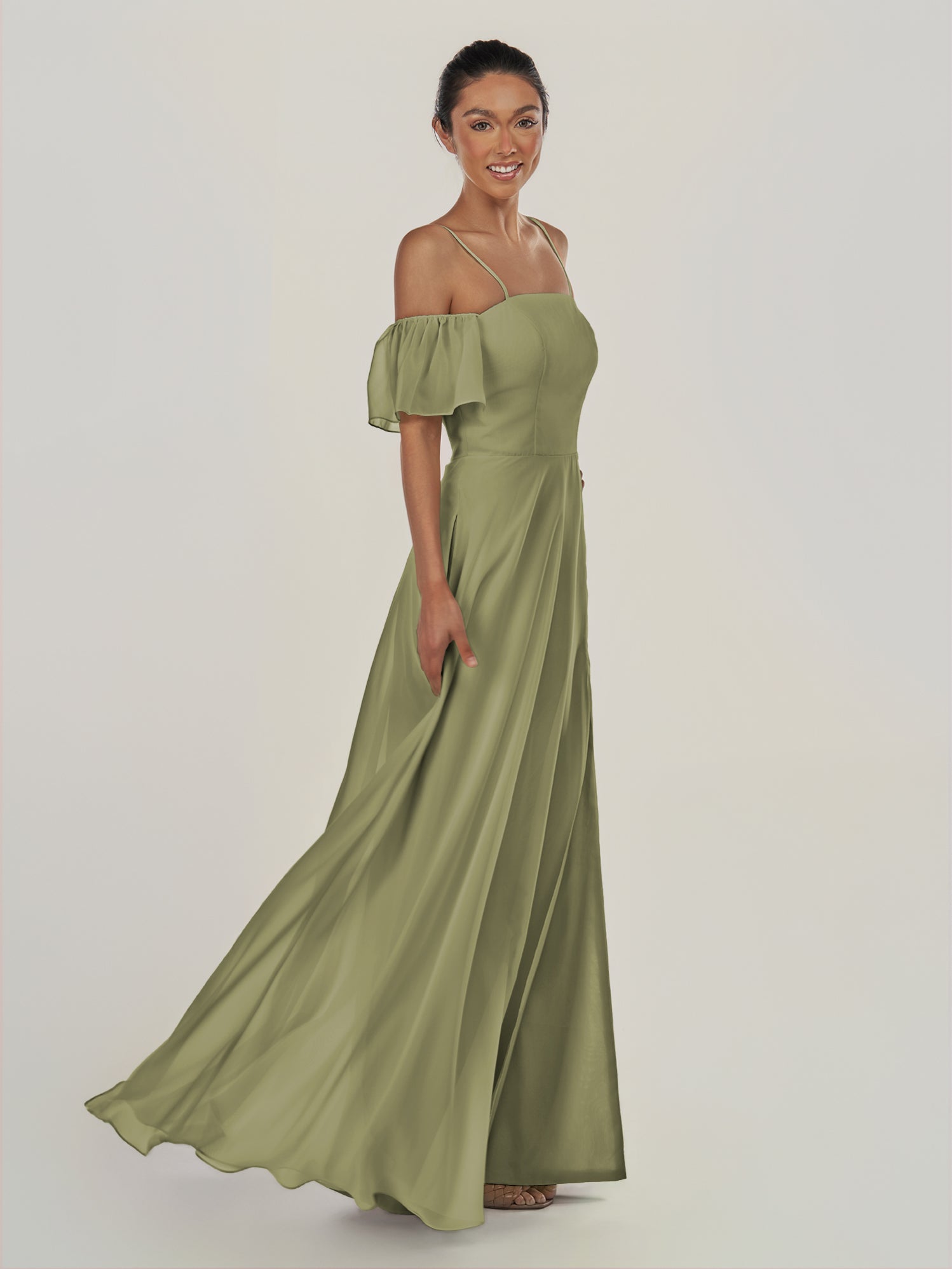 KissDress-Olia Thyme A Line Chiffon Off the Shoulder Long Bridesmaid Dress with Slit