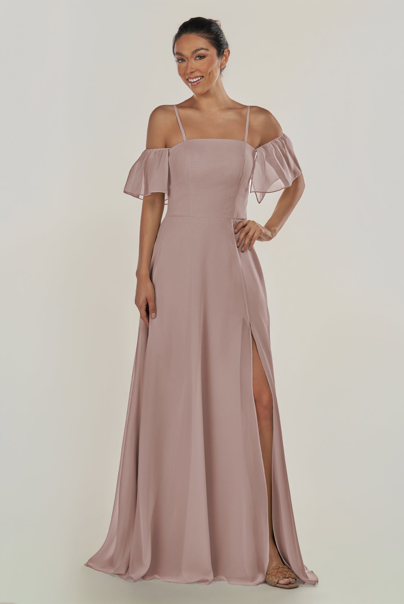KissDress-Olia Toffee A Line Chiffon Off the Shoulder Long Bridesmaid Dress with Slit