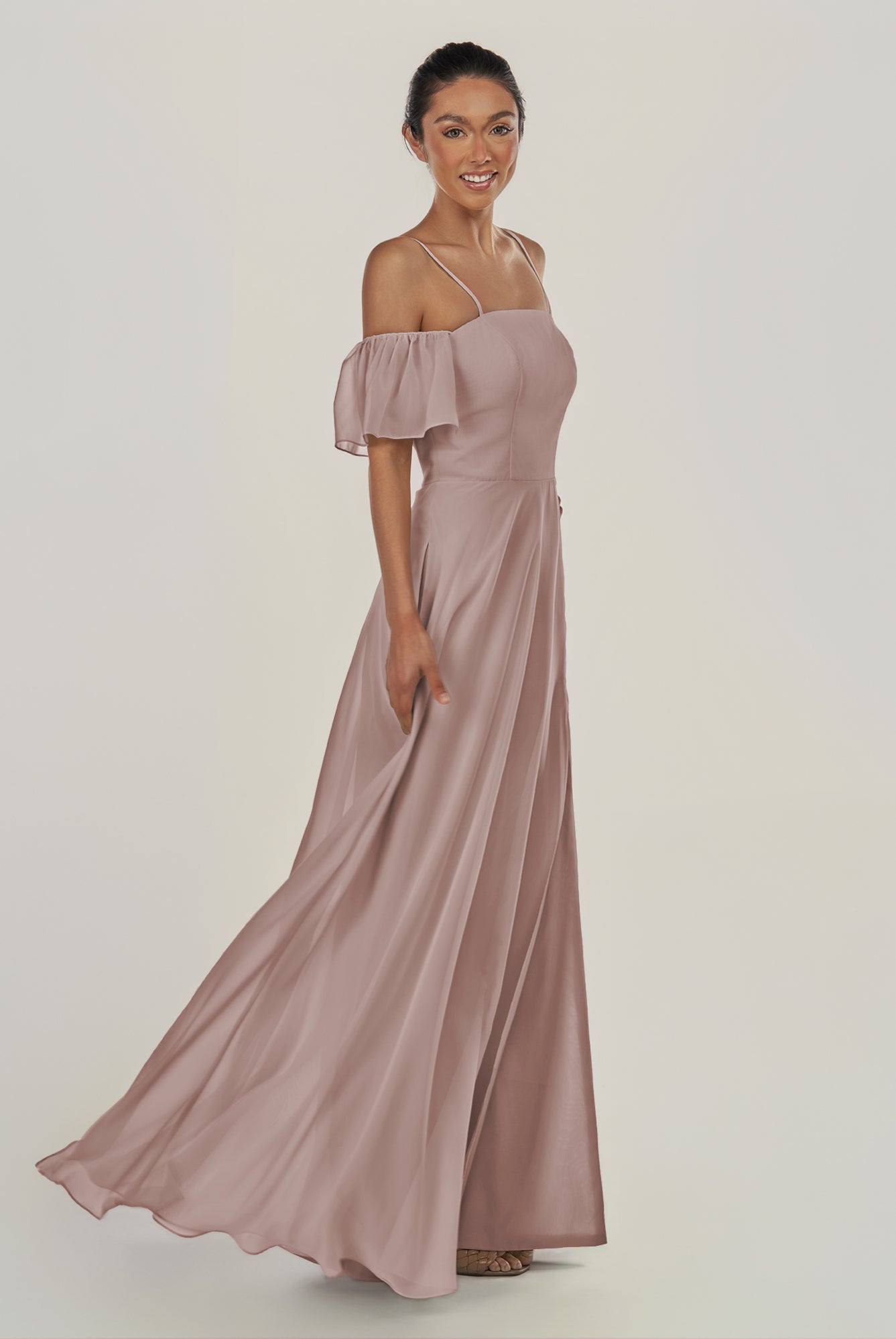 KissDress-Olia Toffee A Line Chiffon Off the Shoulder Long Bridesmaid Dress with Slit