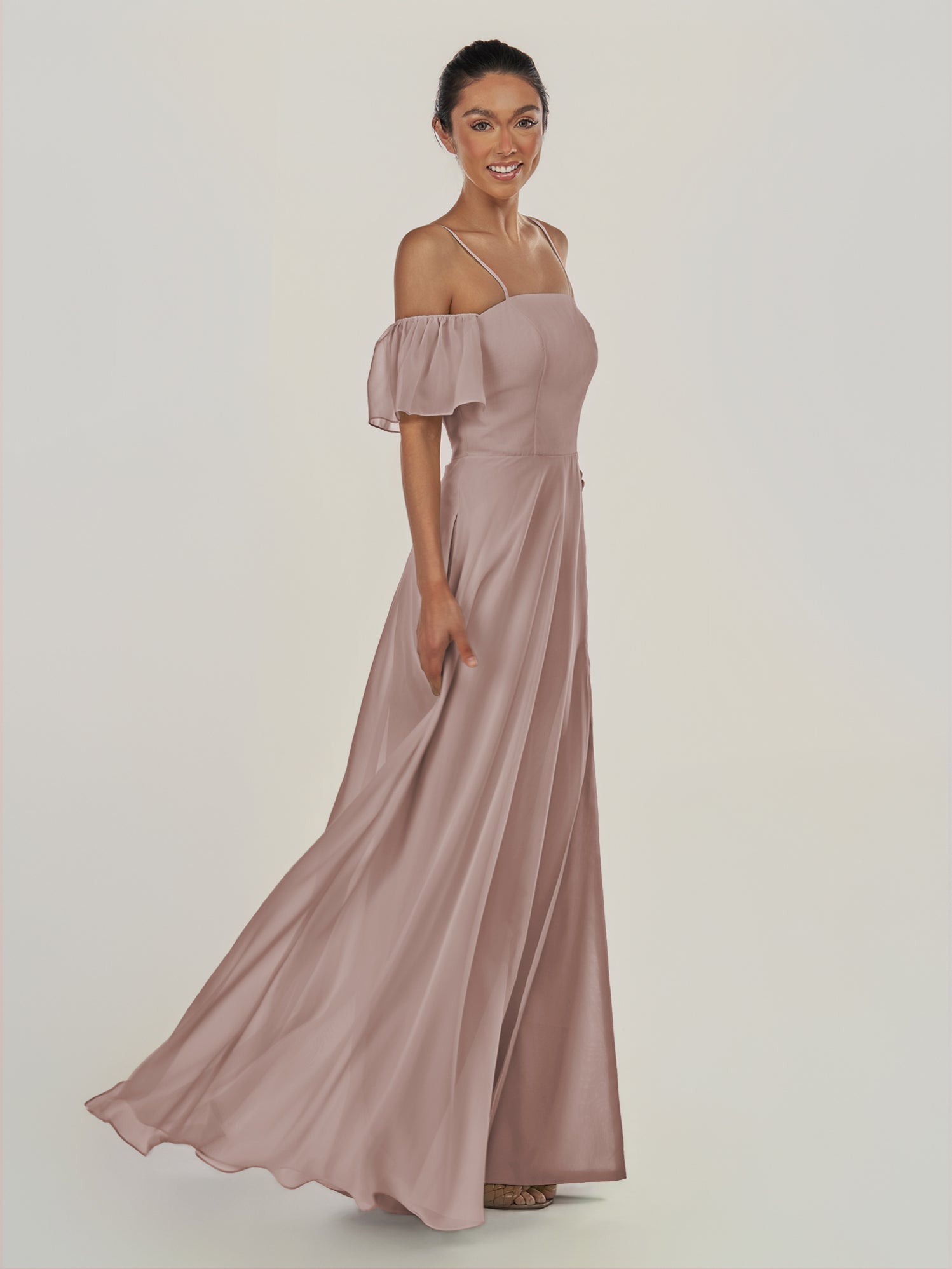 KissDress-Olia Toffee A Line Chiffon Off the Shoulder Long Bridesmaid Dress with Slit