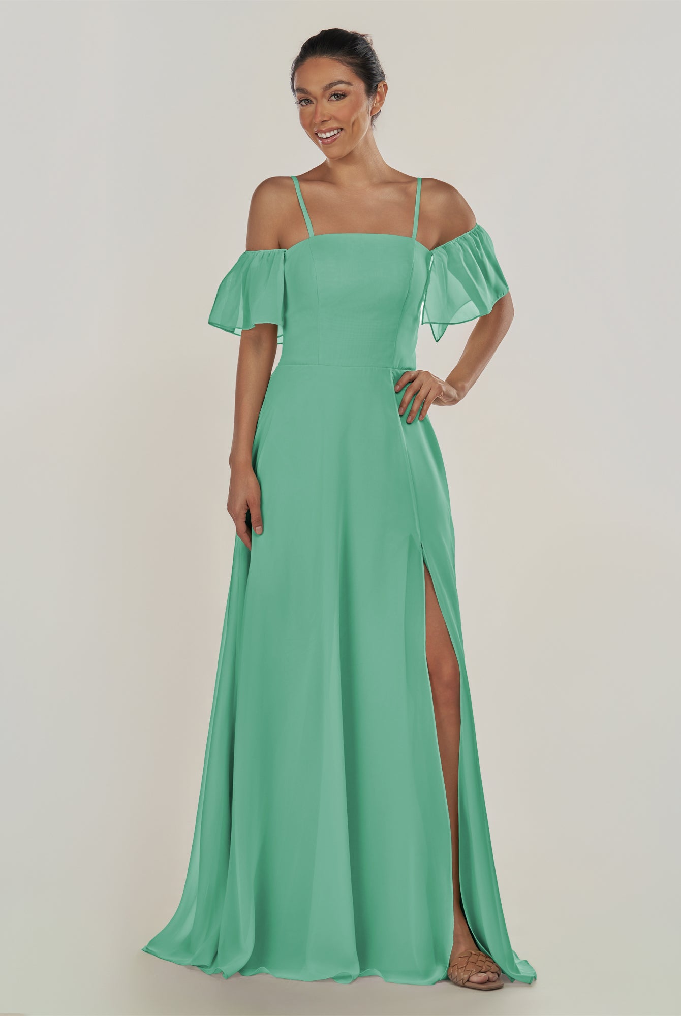 KissDress-Olia Turquoise A Line Chiffon Off the Shoulder Long Bridesmaid Dress with Slit