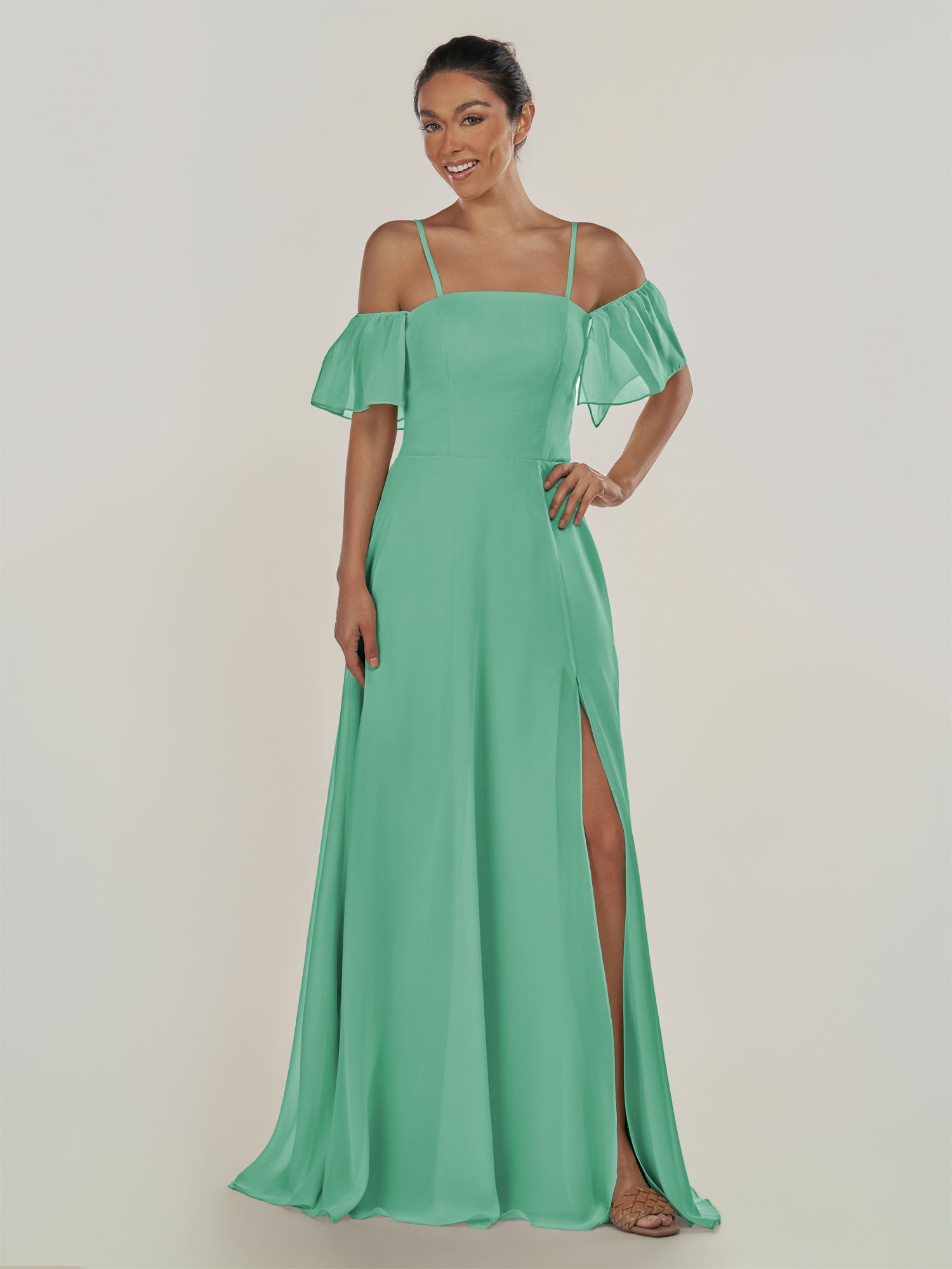 KissDress-Olia Turquoise A Line Chiffon Off the Shoulder Long Bridesmaid Dress with Slit