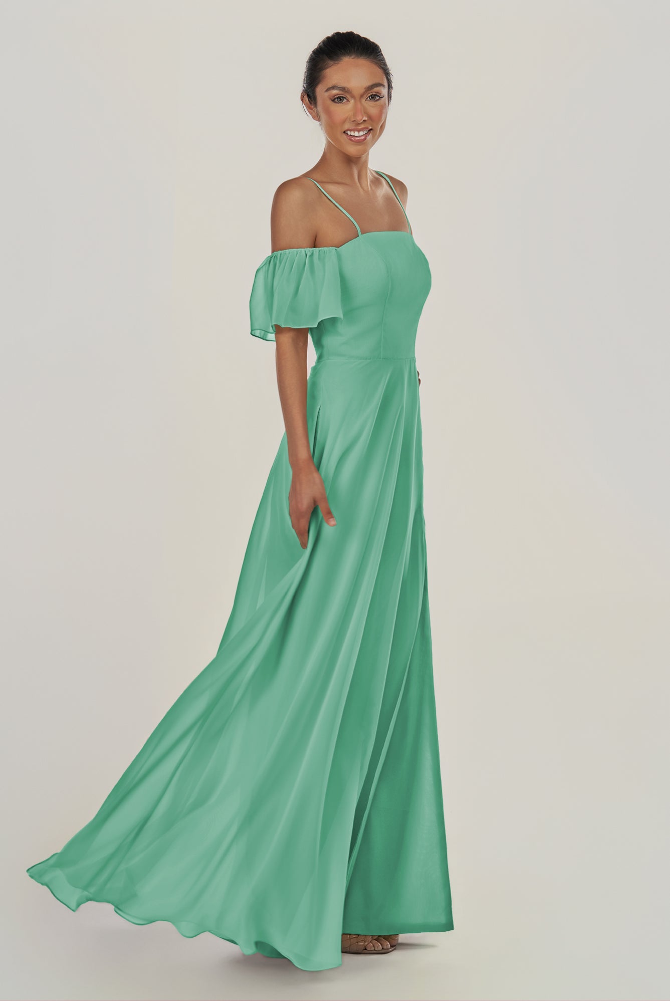 KissDress-Olia Turquoise A Line Chiffon Off the Shoulder Long Bridesmaid Dress with Slit
