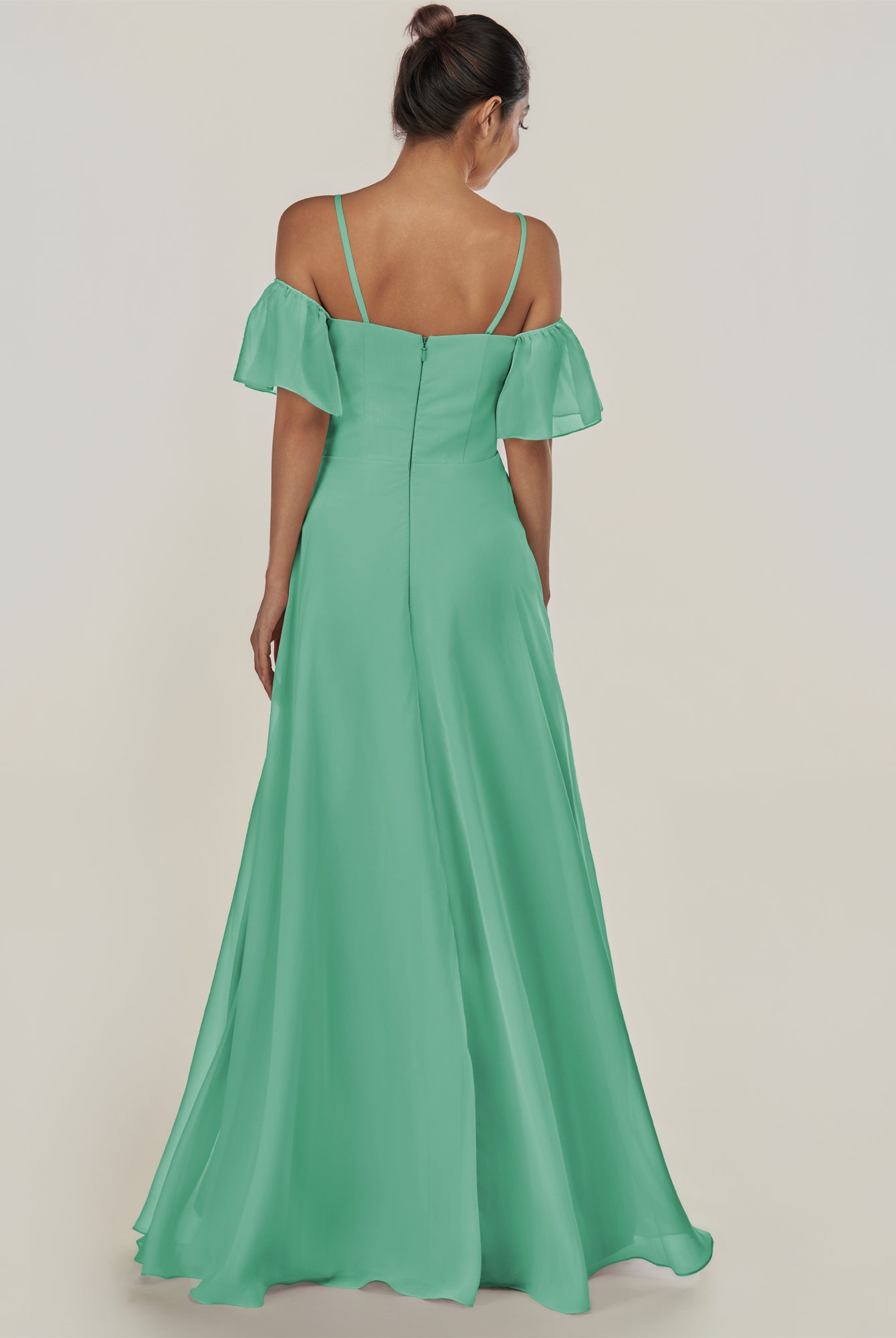 KissDress-Olia Turquoise A Line Chiffon Off the Shoulder Long Bridesmaid Dress with Slit