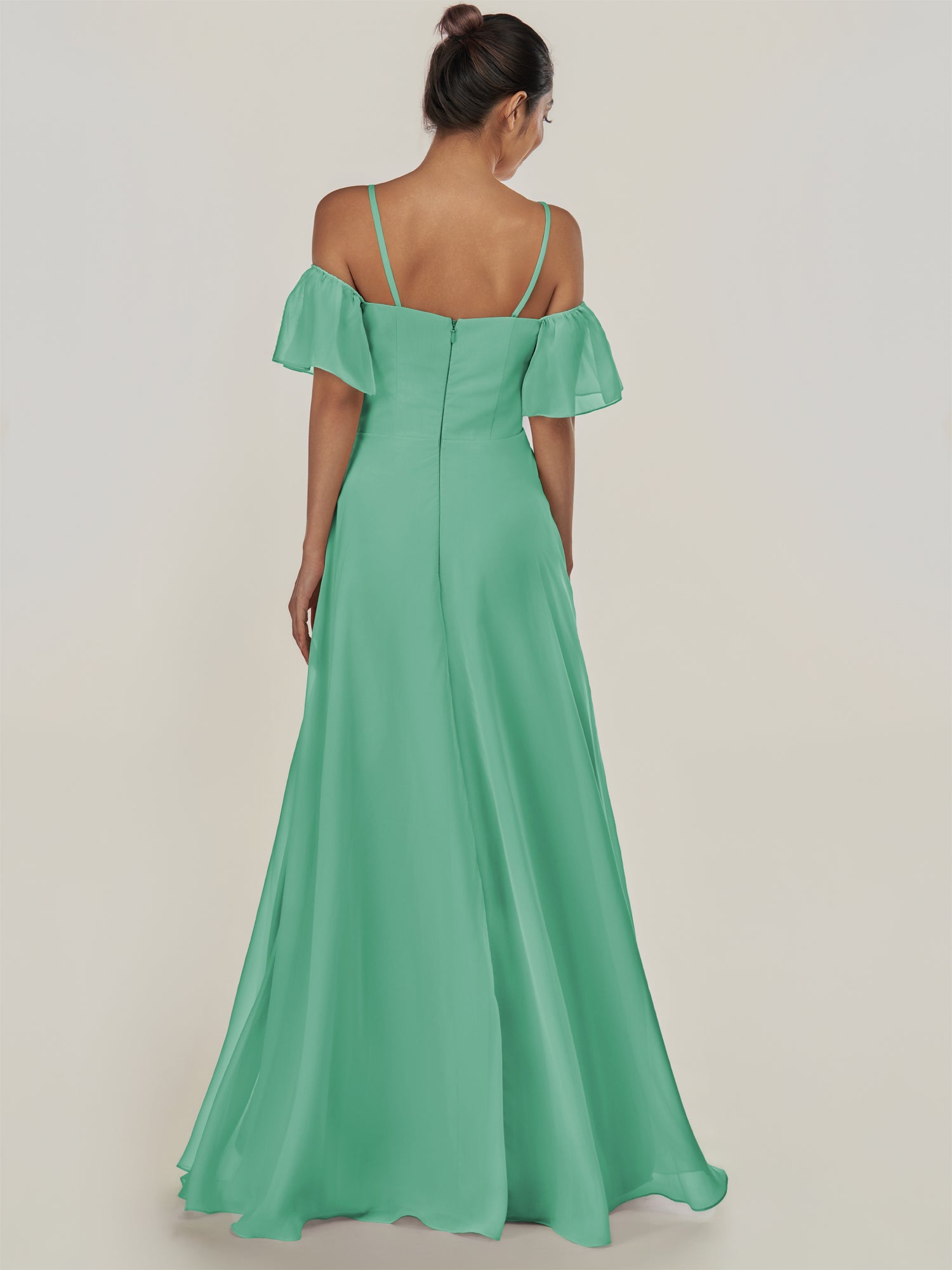KissDress-Olia Turquoise A Line Chiffon Off the Shoulder Long Bridesmaid Dress with Slit
