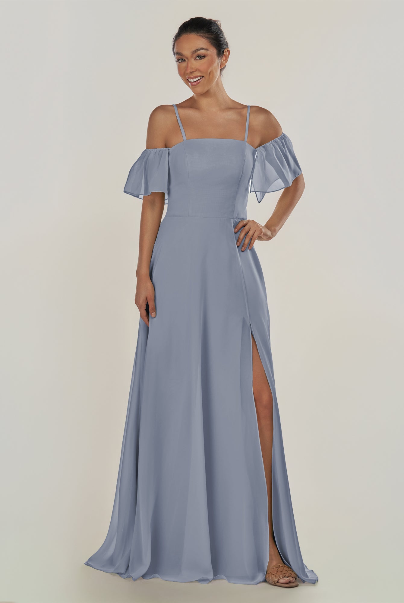 KissDress-Olia Twilight A Line Chiffon Off the Shoulder Long Bridesmaid Dress with Slit