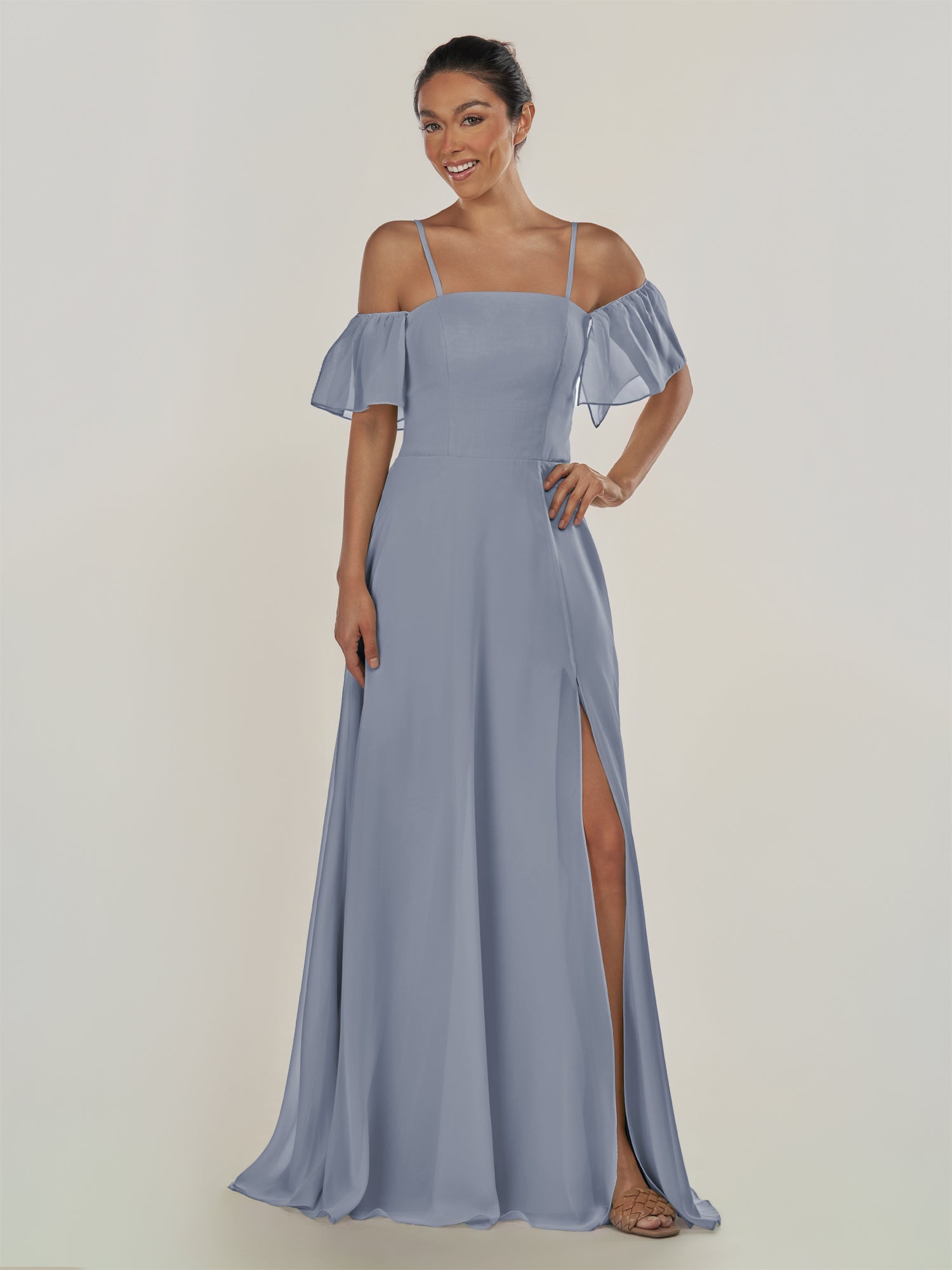 KissDress-Olia Twilight A Line Chiffon Off the Shoulder Long Bridesmaid Dress with Slit