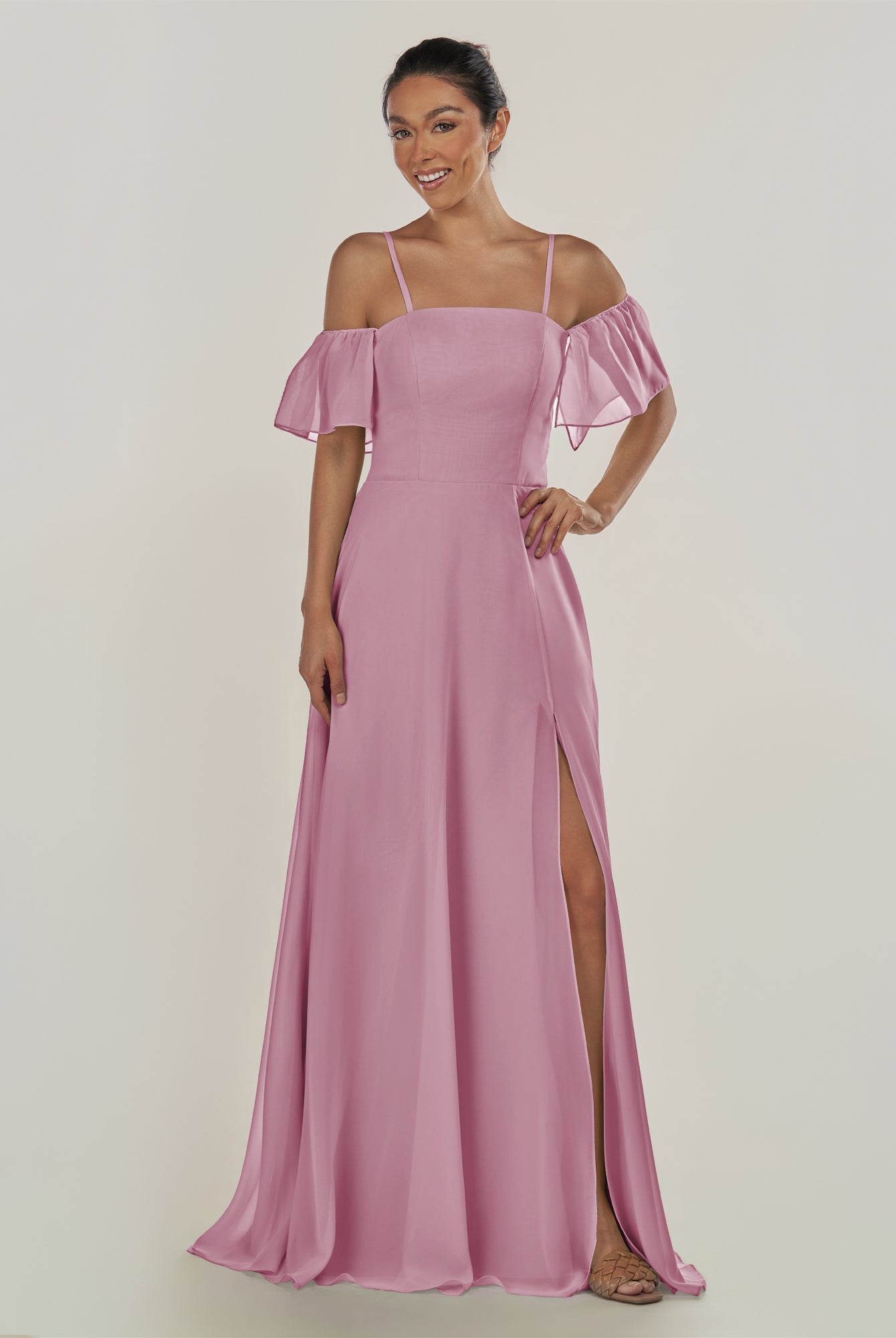 KissDress-Olia Vintage Mauve A Line Chiffon Off the Shoulder Long Bridesmaid Dress with Slit
