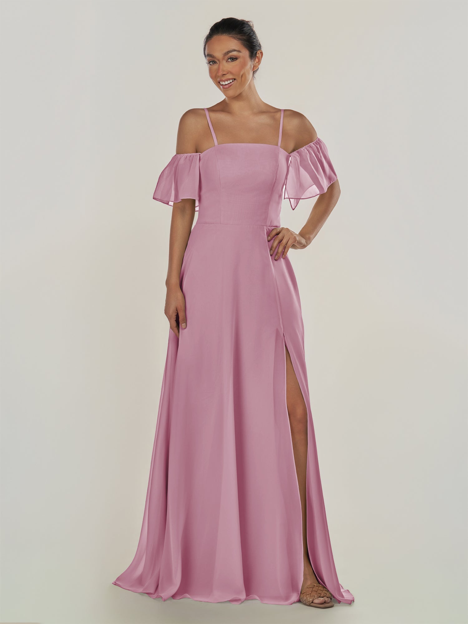 KissDress-Olia Vintage Mauve A Line Chiffon Off the Shoulder Long Bridesmaid Dress with Slit
