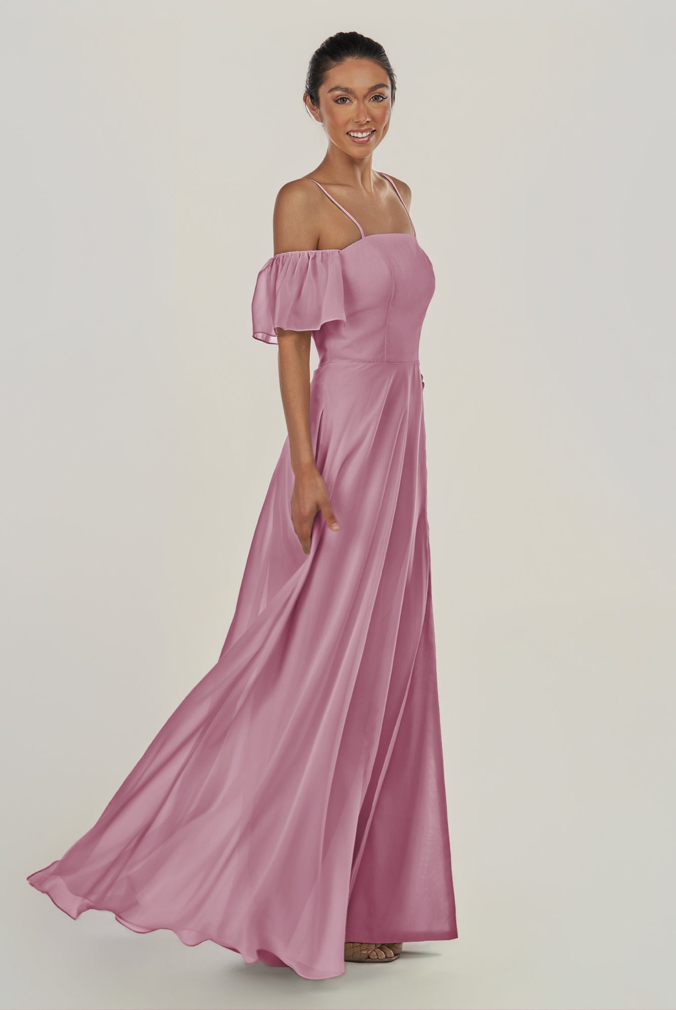 KissDress-Olia Vintage Mauve A Line Chiffon Off the Shoulder Long Bridesmaid Dress with Slit