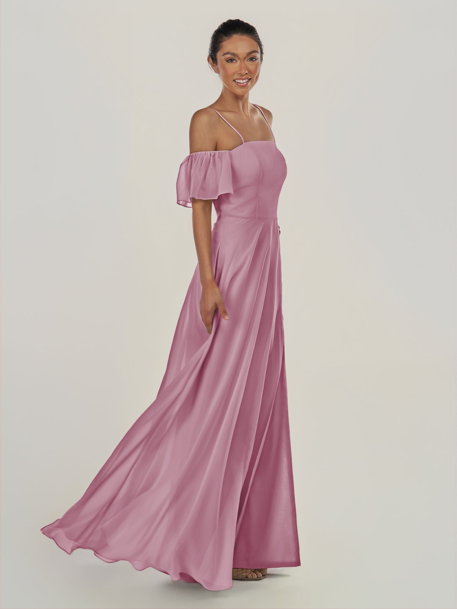 KissDress-Olia Vintage Mauve A Line Chiffon Off the Shoulder Long Bridesmaid Dress with Slit