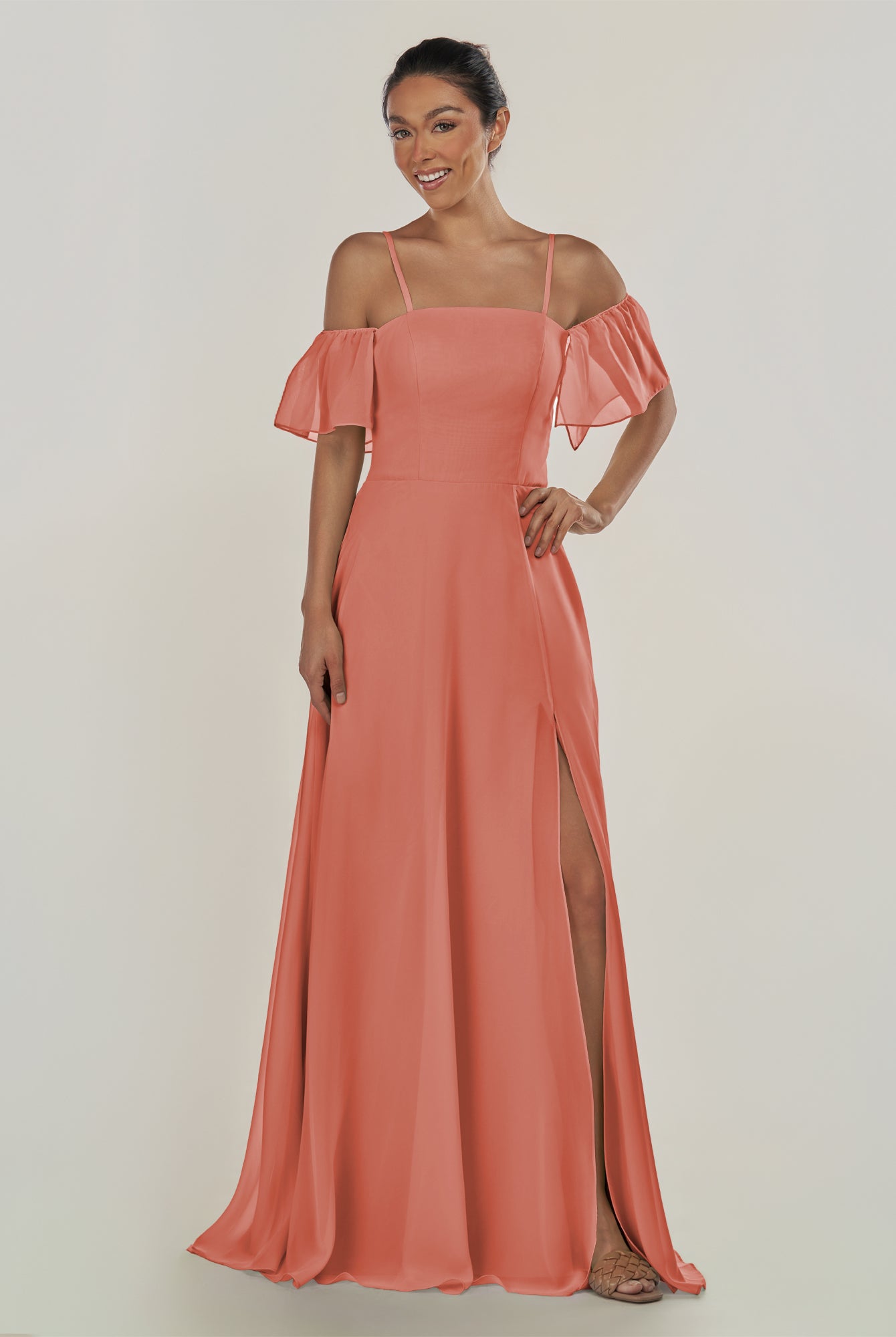 KissDress-Olia Wild Rose A Line Chiffon Off the Shoulder Long Bridesmaid Dress with Slit
