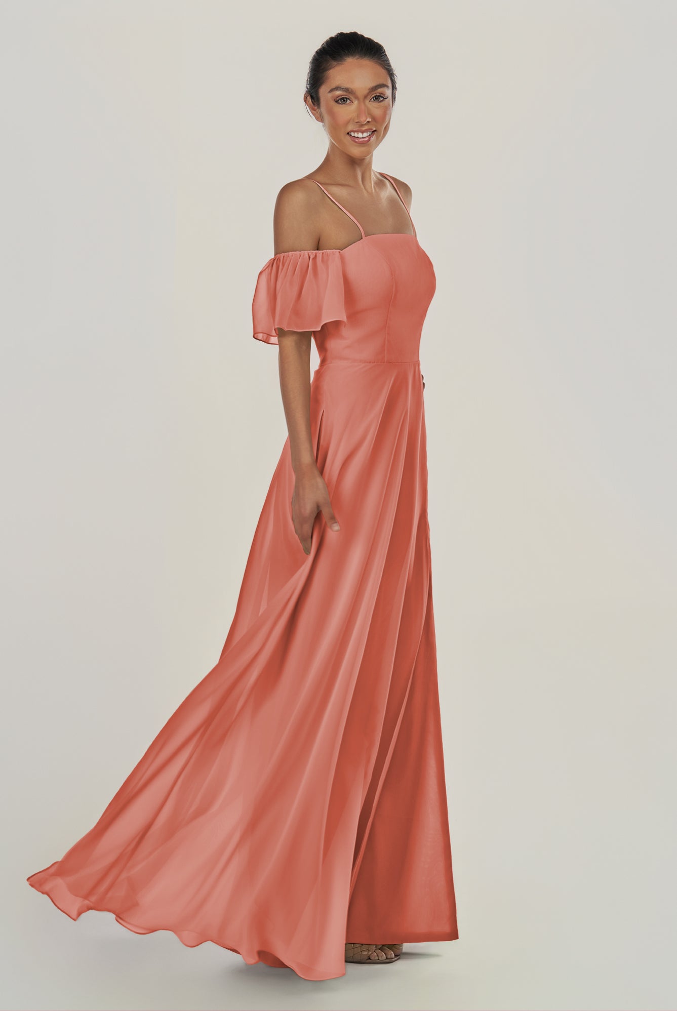KissDress-Olia Wild Rose A Line Chiffon Off the Shoulder Long Bridesmaid Dress with Slit