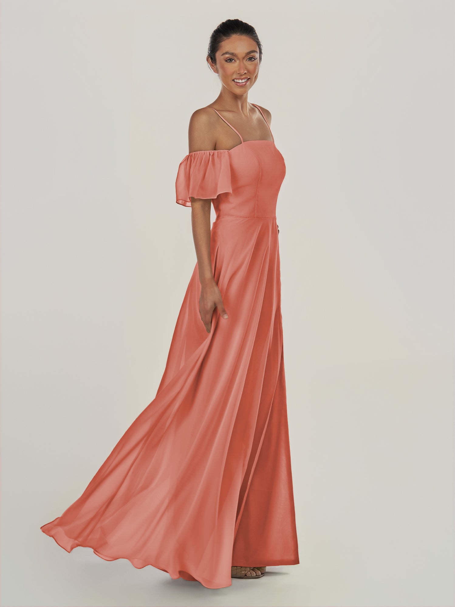 KissDress-Olia Wild Rose A Line Chiffon Off the Shoulder Long Bridesmaid Dress with Slit
