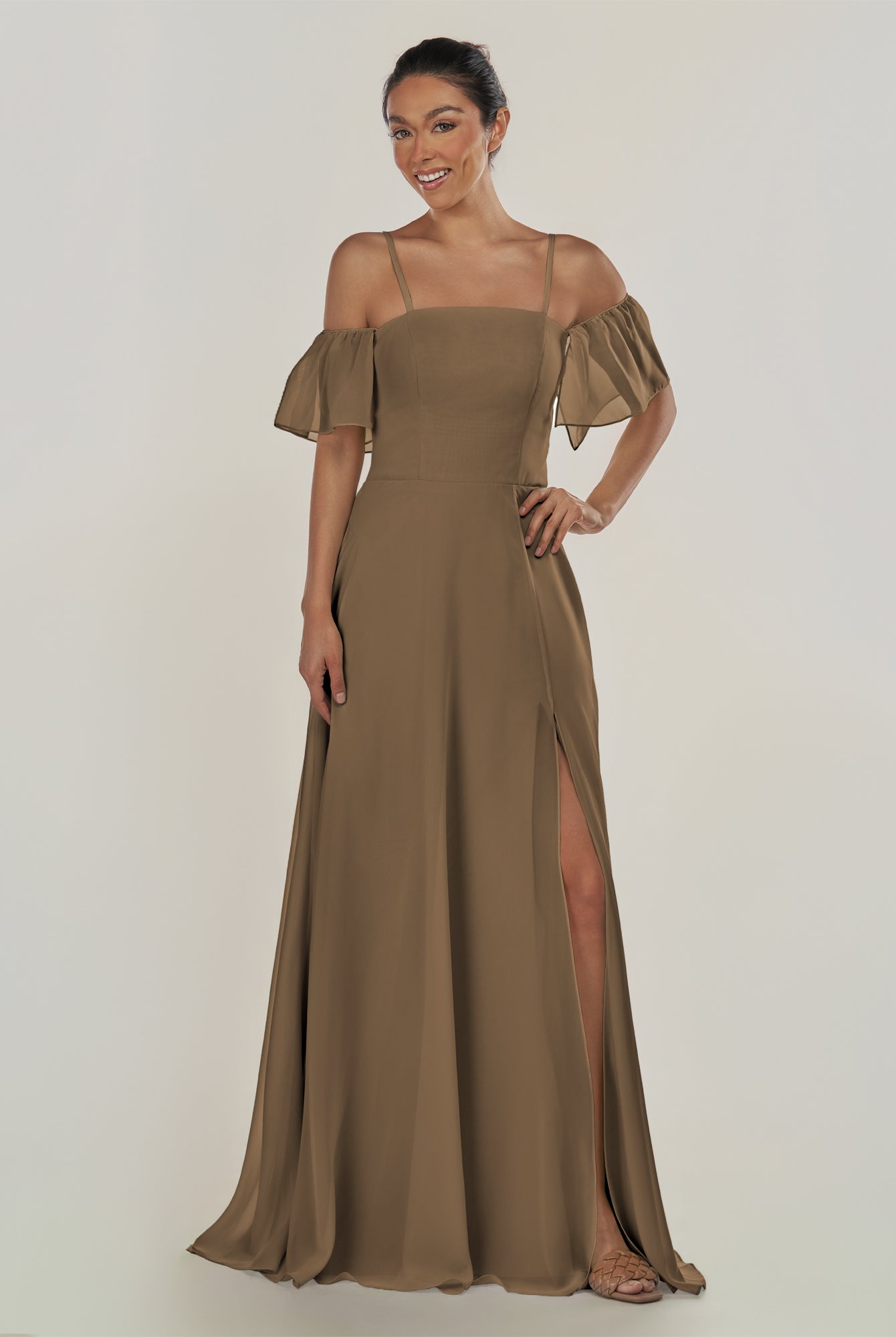 KissDress-Olia Willow Green A Line Chiffon Off the Shoulder Long Bridesmaid Dress with Slit