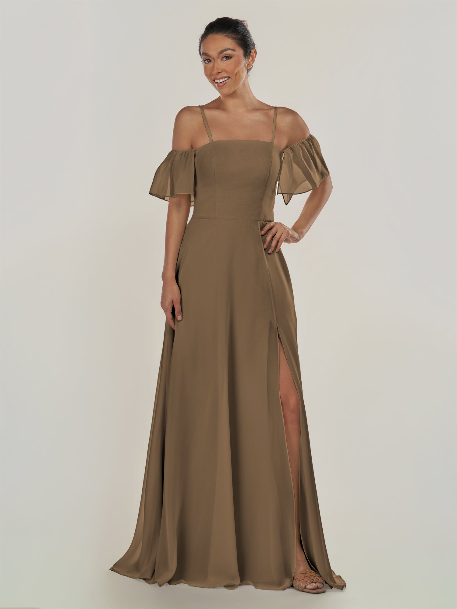 KissDress-Olia Willow Green A Line Chiffon Off the Shoulder Long Bridesmaid Dress with Slit
