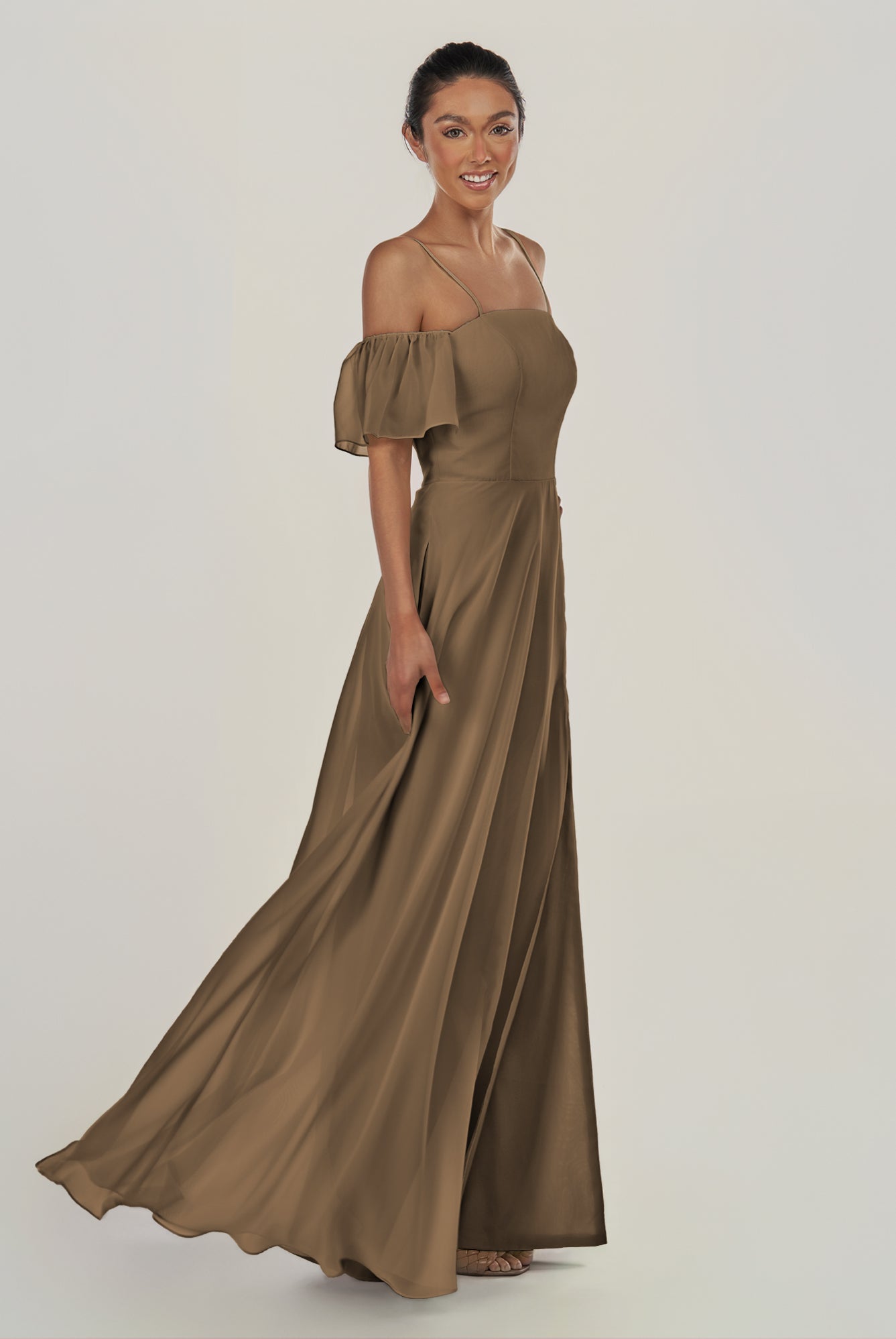 KissDress-Olia Willow Green A Line Chiffon Off the Shoulder Long Bridesmaid Dress with Slit