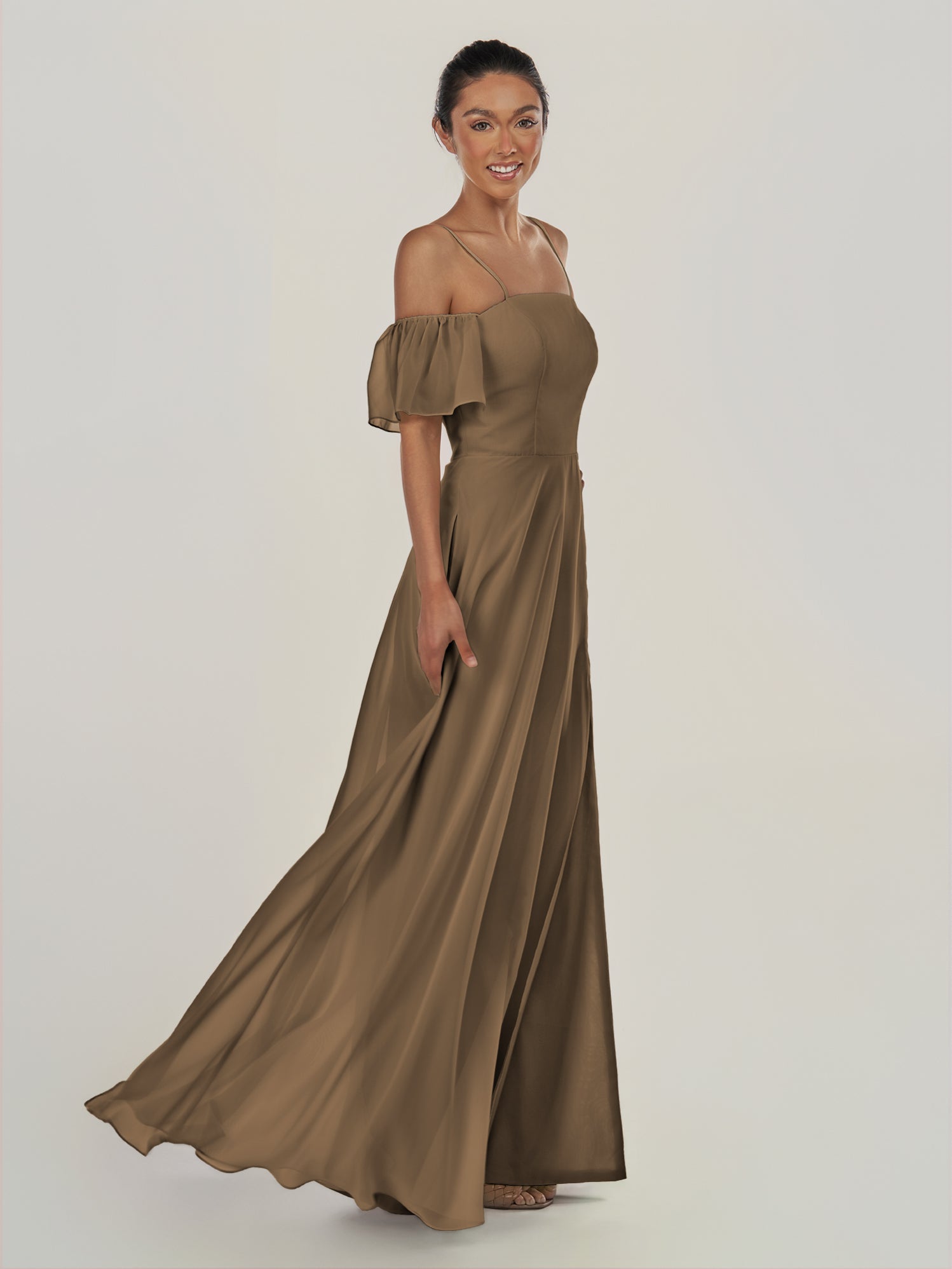 KissDress-Olia Willow Green A Line Chiffon Off the Shoulder Long Bridesmaid Dress with Slit