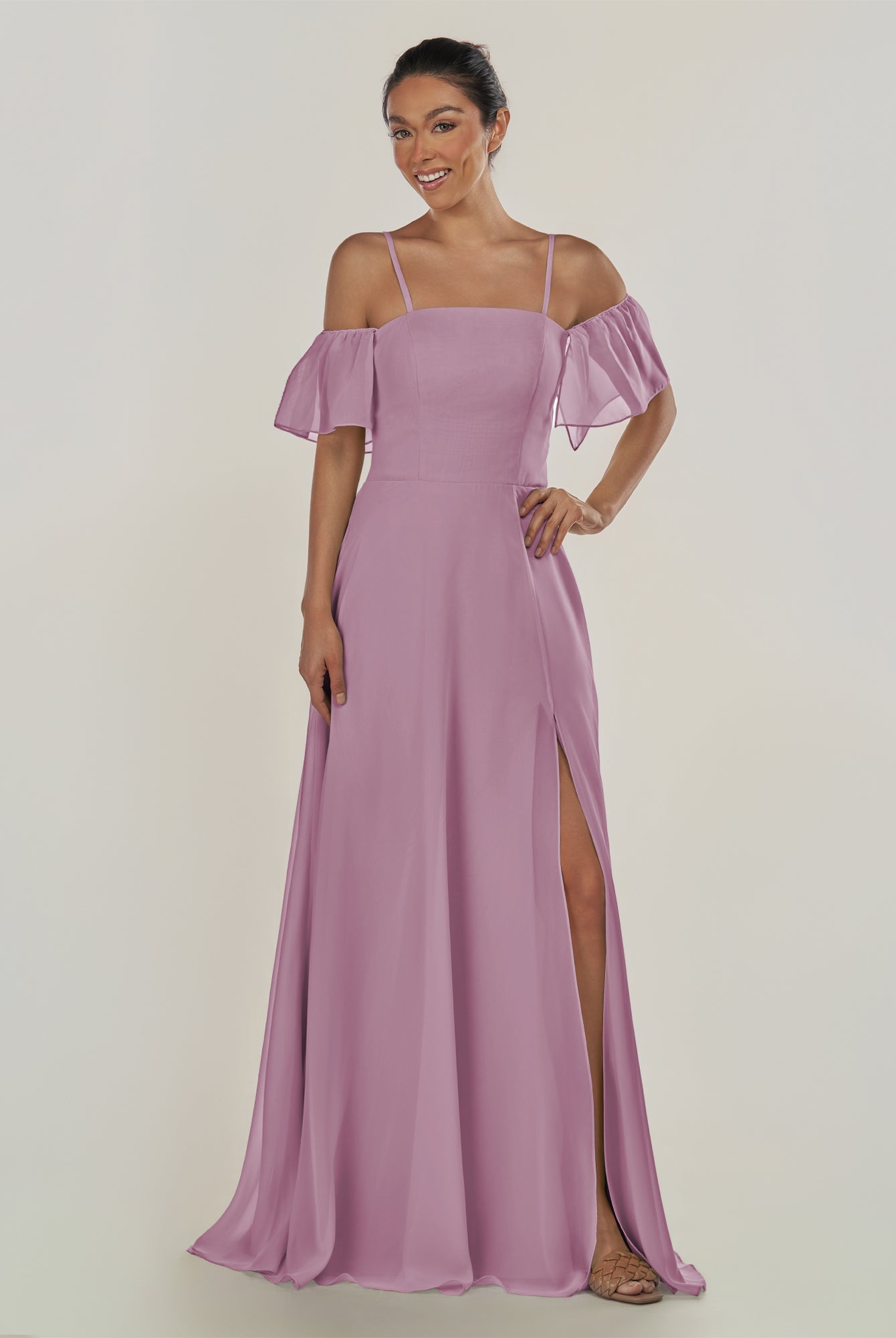 KissDress-Olia Wisteria A Line Chiffon Off the Shoulder Long Bridesmaid Dress with Slit