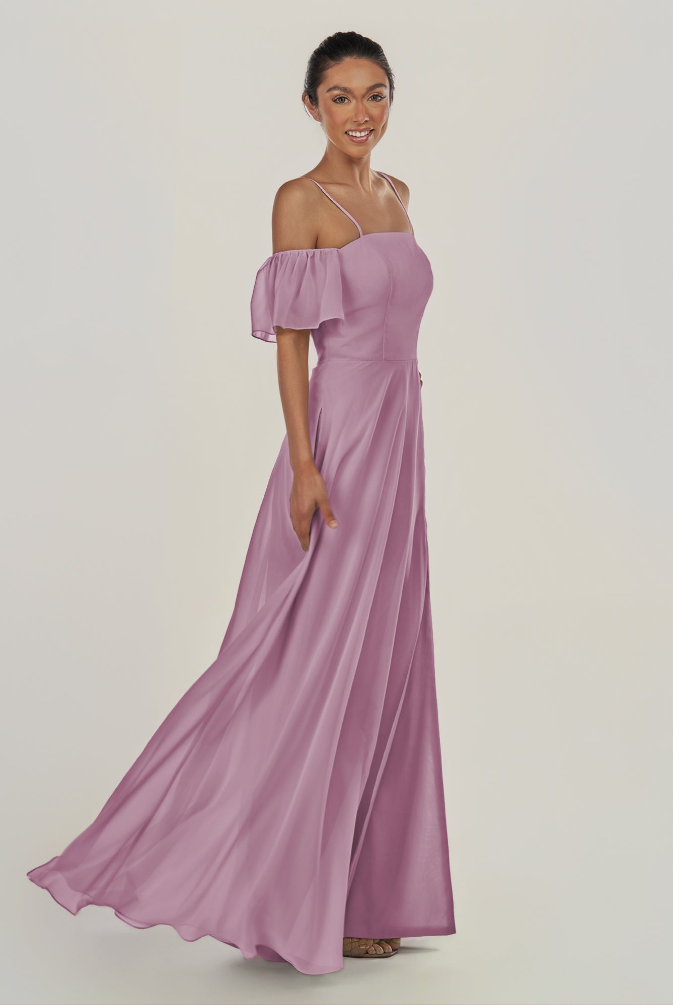 KissDress-Olia Wisteria A Line Chiffon Off the Shoulder Long Bridesmaid Dress with Slit