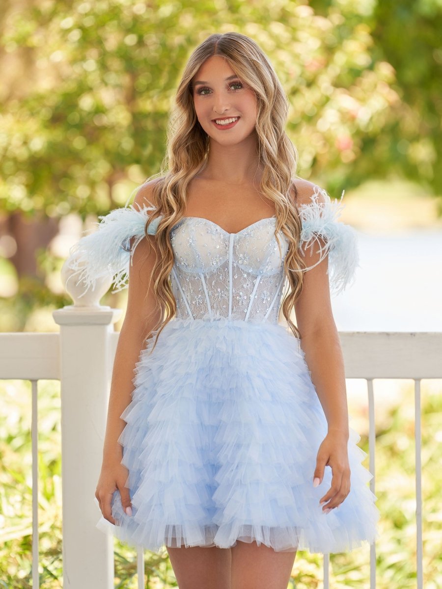 Olivia | A Line Off the Shoulder Sky Blue Homecoming Dress with Feather - KissDress