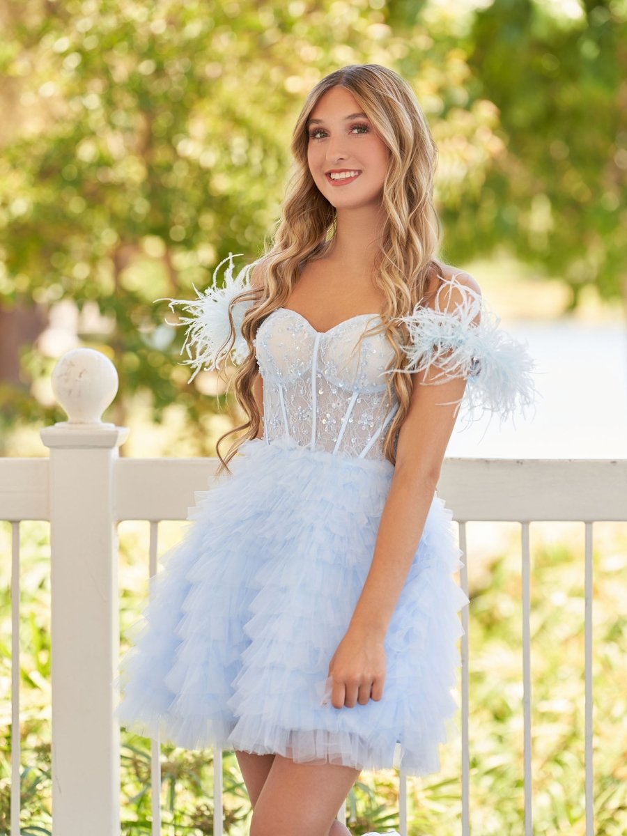 Olivia | A Line Off the Shoulder Sky Blue Homecoming Dress with Feather - KissDress