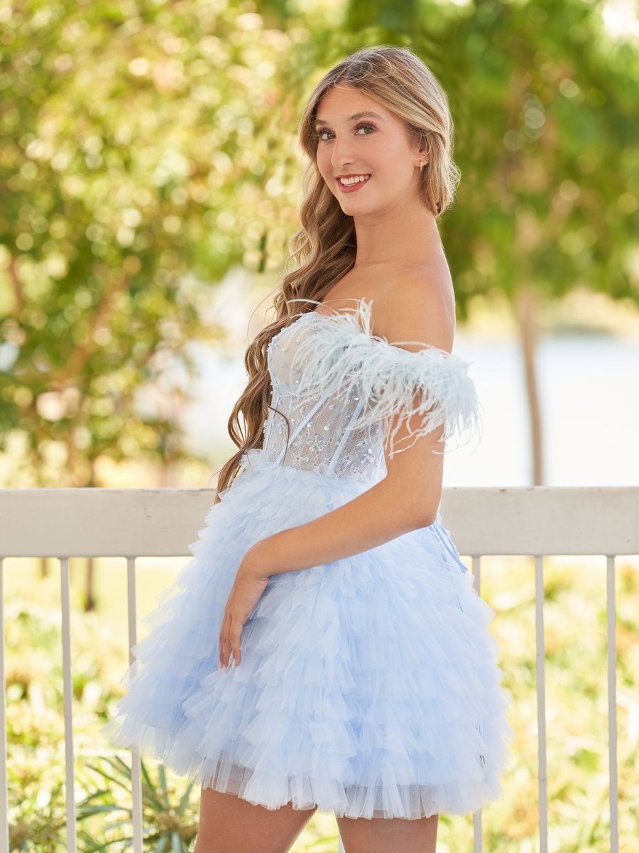 Olivia | A Line Off the Shoulder Sky Blue Homecoming Dress with Feather - KissDress