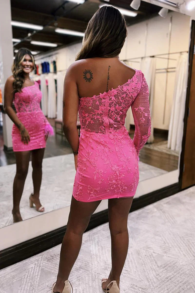 One Shoulder Hot Pink Long Sleeve Appliques Bodycon Homecoming Dress
