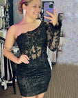 One Shoulder Hot Pink Long Sleeve Appliques Bodycon Homecoming Dress