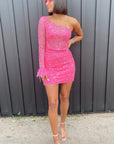 One Shoulder Hot Pink Long Sleeve Appliques Bodycon Homecoming Dress