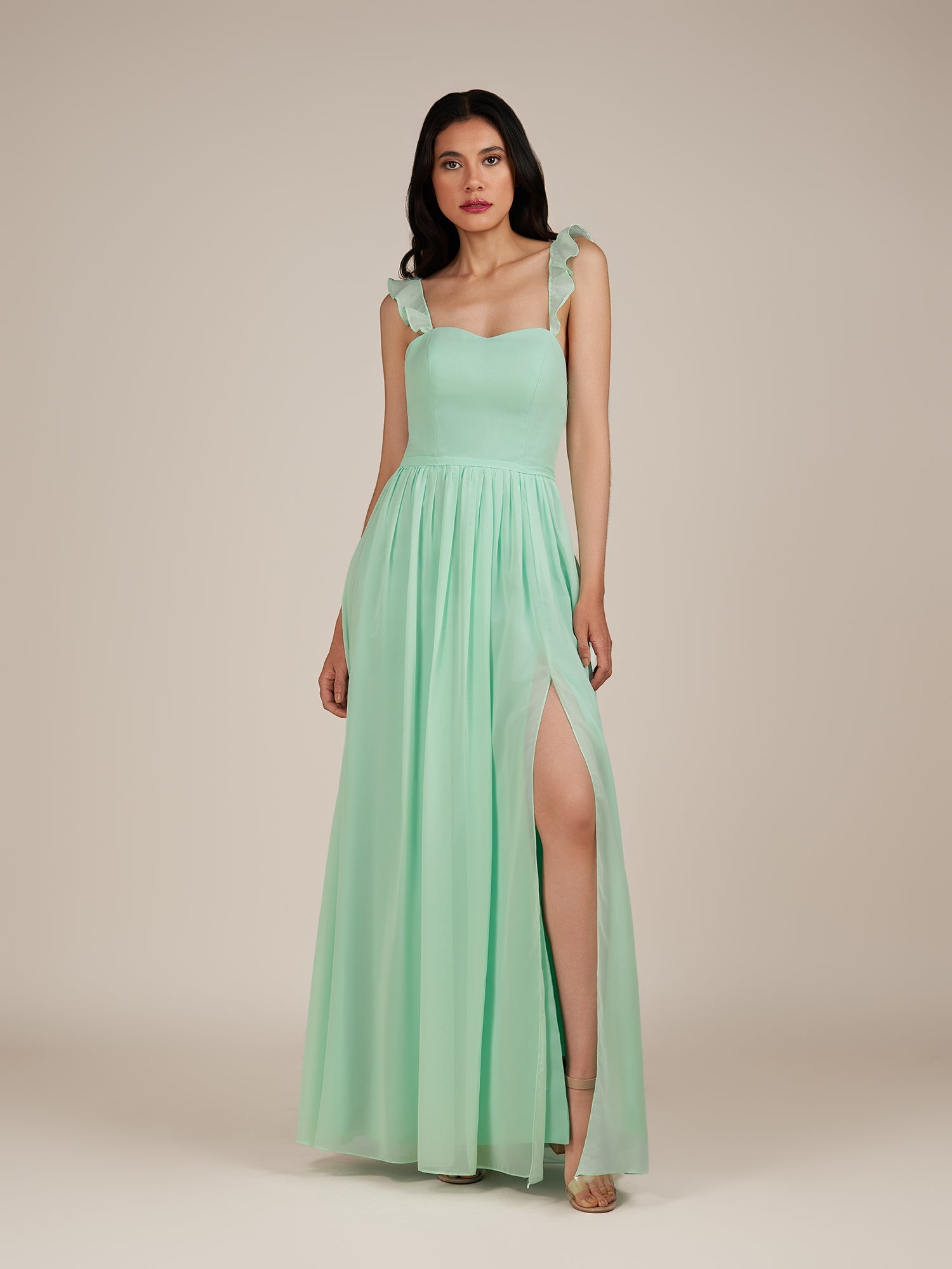 KissDress-Onyx Pale Pistachio A Line Sweetheart Chiffon Ruffled Long Bridesmaid Dress with Slit
