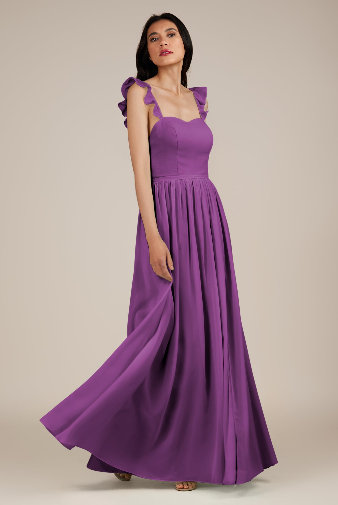 KissDress-Onyx Amethyst A Line Sweetheart Chiffon Ruffled Long Bridesmaid Dress with Slit