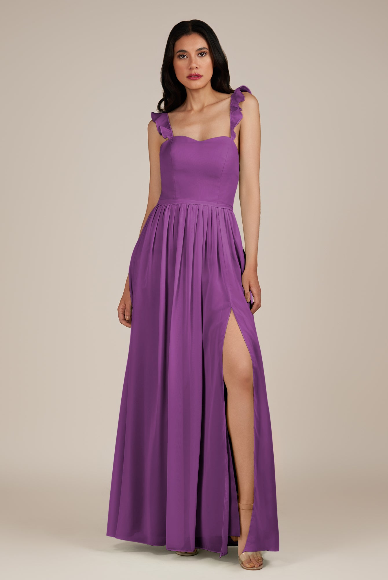 KissDress-Onyx Amethyst A Line Sweetheart Chiffon Ruffled Long Bridesmaid Dress with Slit