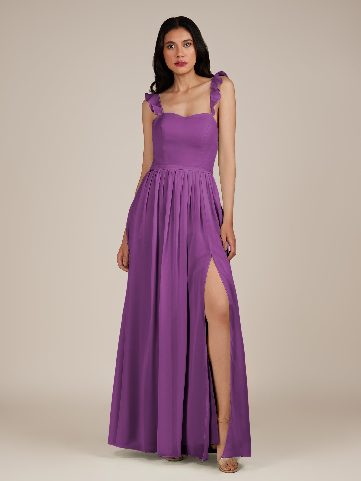 KissDress-Onyx Amethyst A Line Sweetheart Chiffon Ruffled Long Bridesmaid Dress with Slit